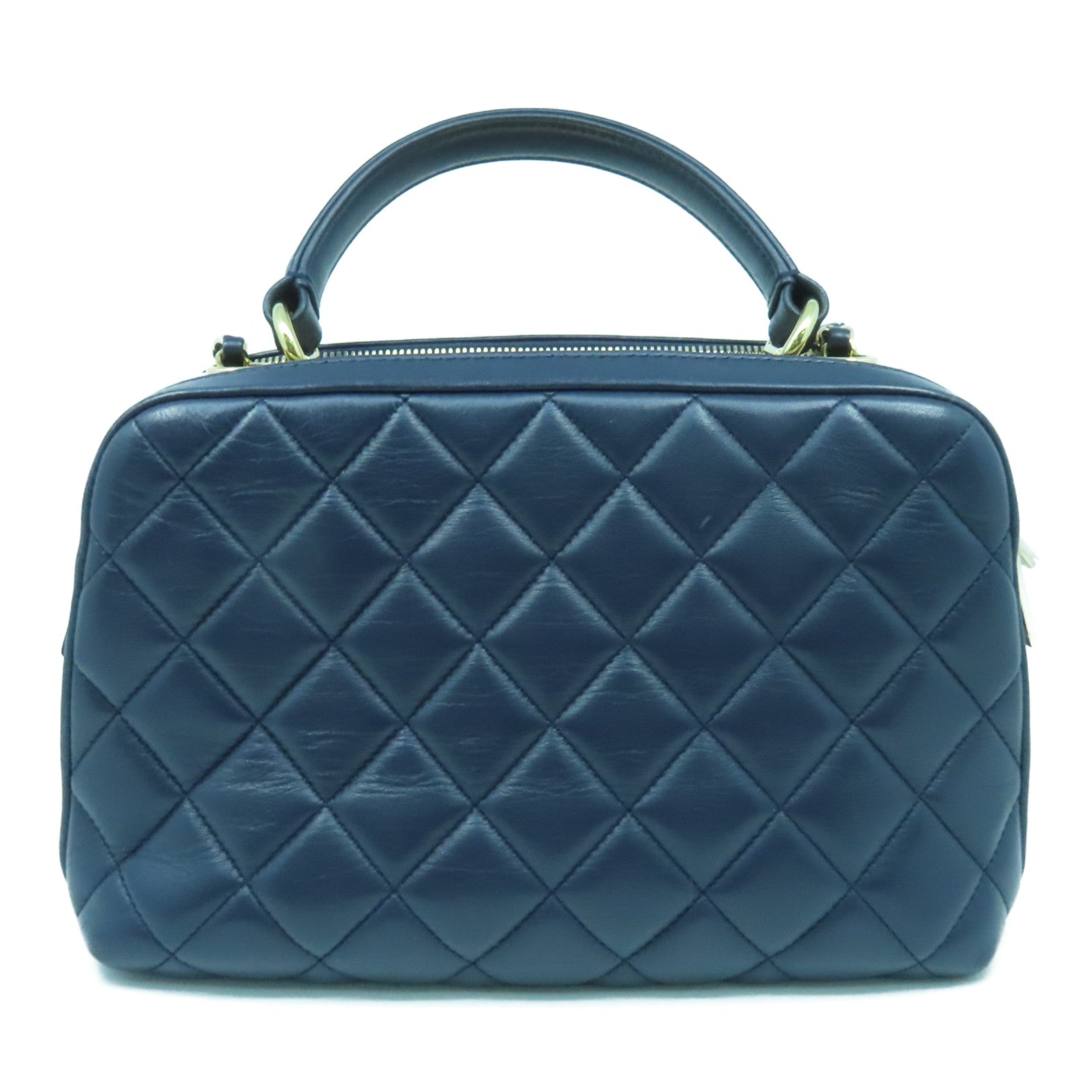 CHANEL 【激減優惠】菱格羊皮皮革Trendy Bowling Bag金扣手挽肩背兩用袋深藍色