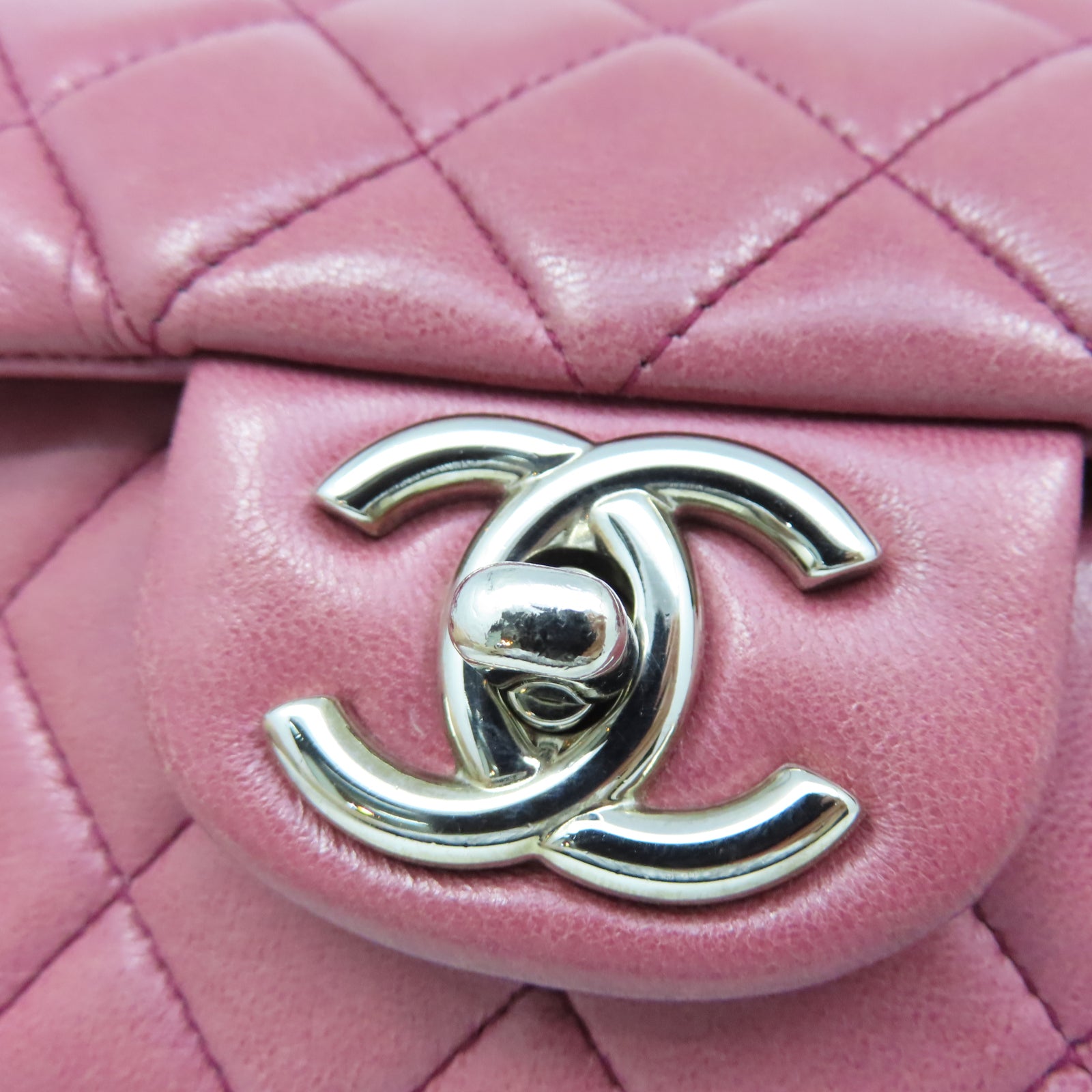 CHANEL 【激減優惠】菱格羊皮皮革Classic Flap 25cm銀扣鏈帶肩背袋粉紅色