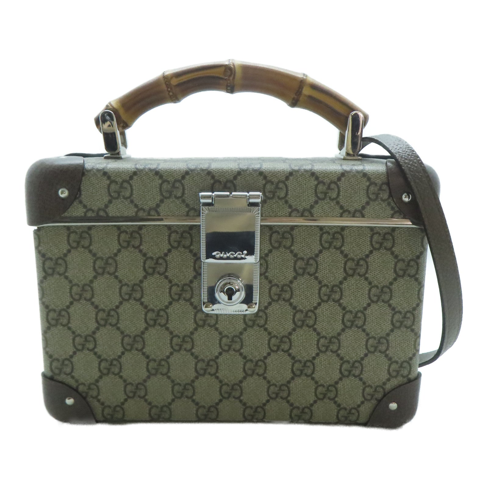 GUCCI 塗層帆布Bamboo Trunk銀扣手挽肩背兩用袋啡色