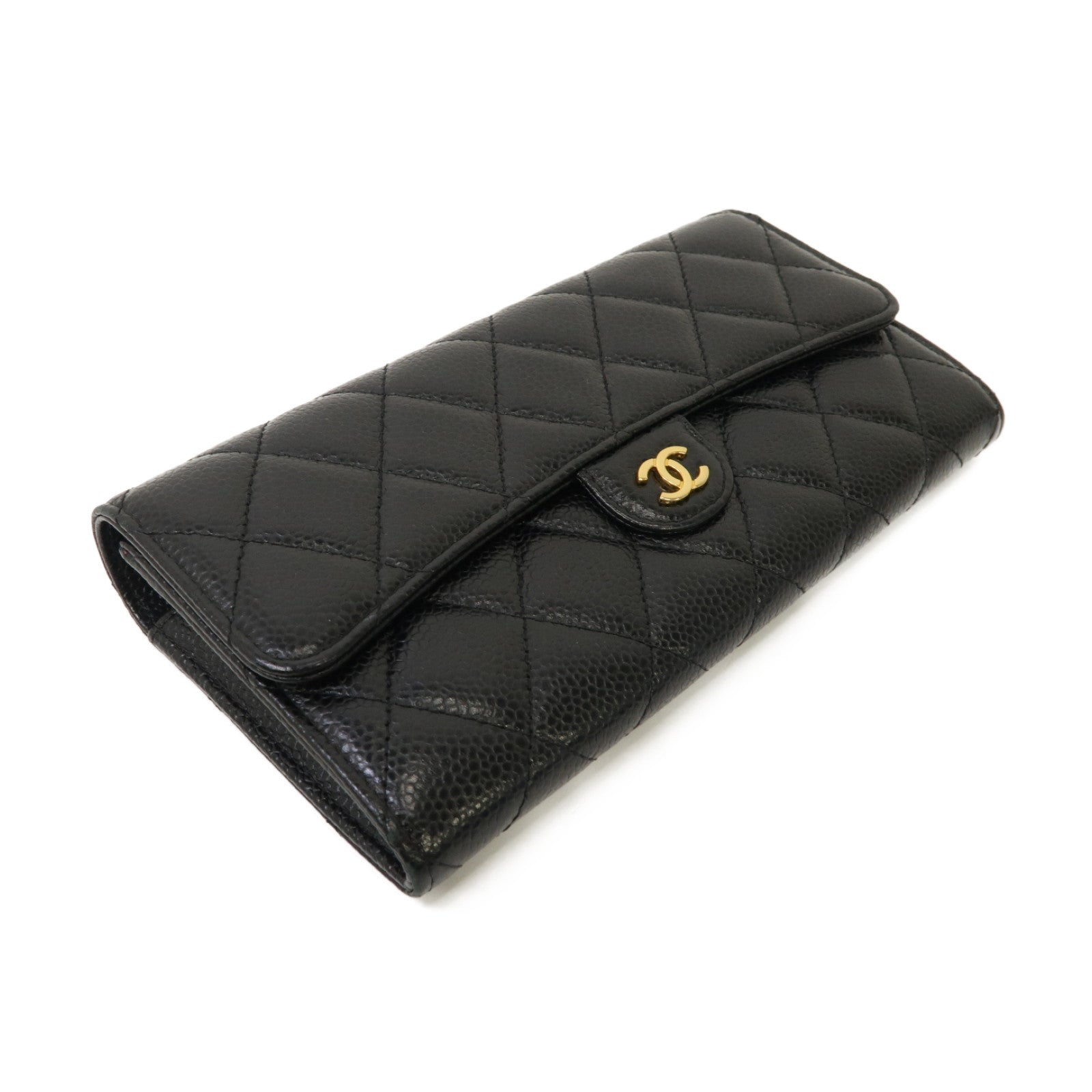 CHANEL 菱格Caviar皮革Long Wallet金扣長錢包黑色