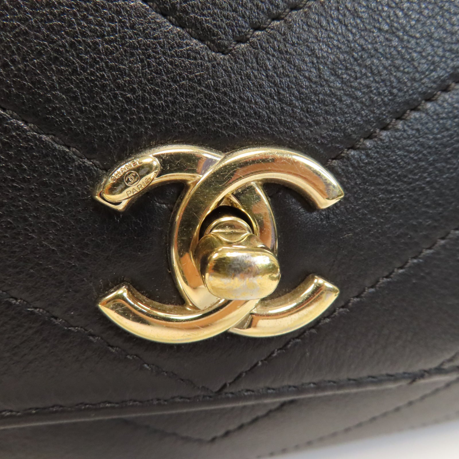 CHANEL 斜紋牛皮皮革Top Handle金扣手挽肩背兩用袋黑色