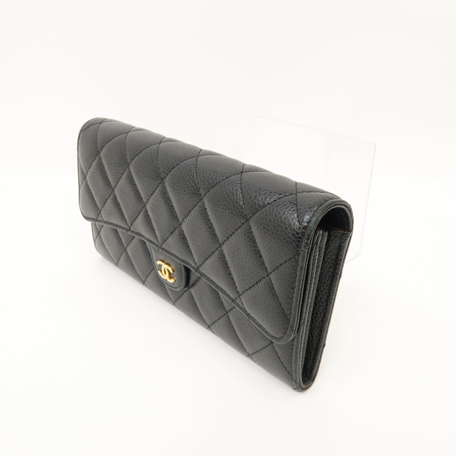 CHANEL 菱格Caviar皮革Long Wallet金扣長錢包黑色