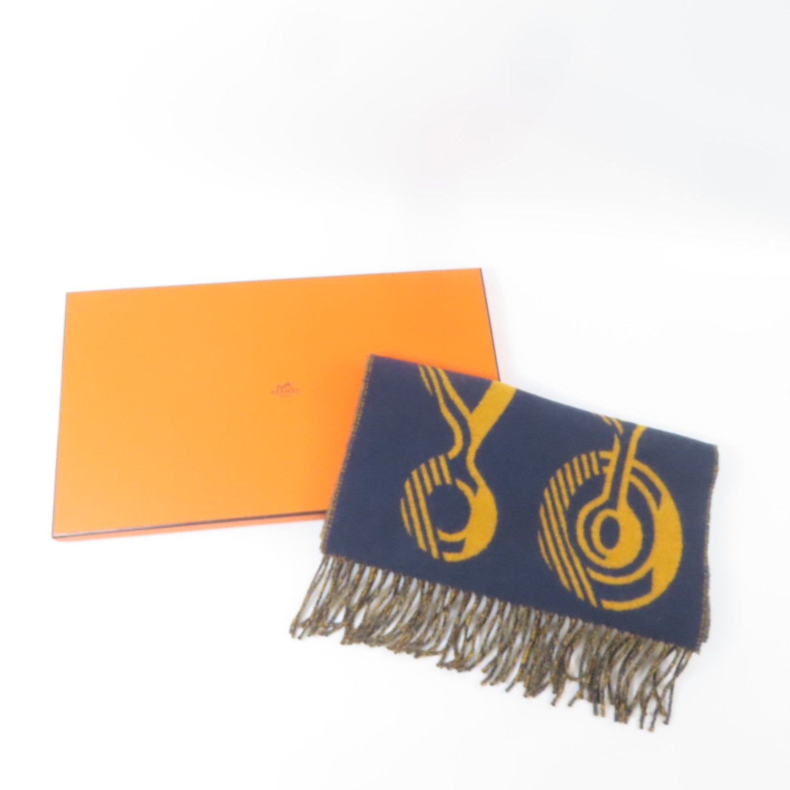 HERMES 羊絨Scarf頸巾深藍色/黃色