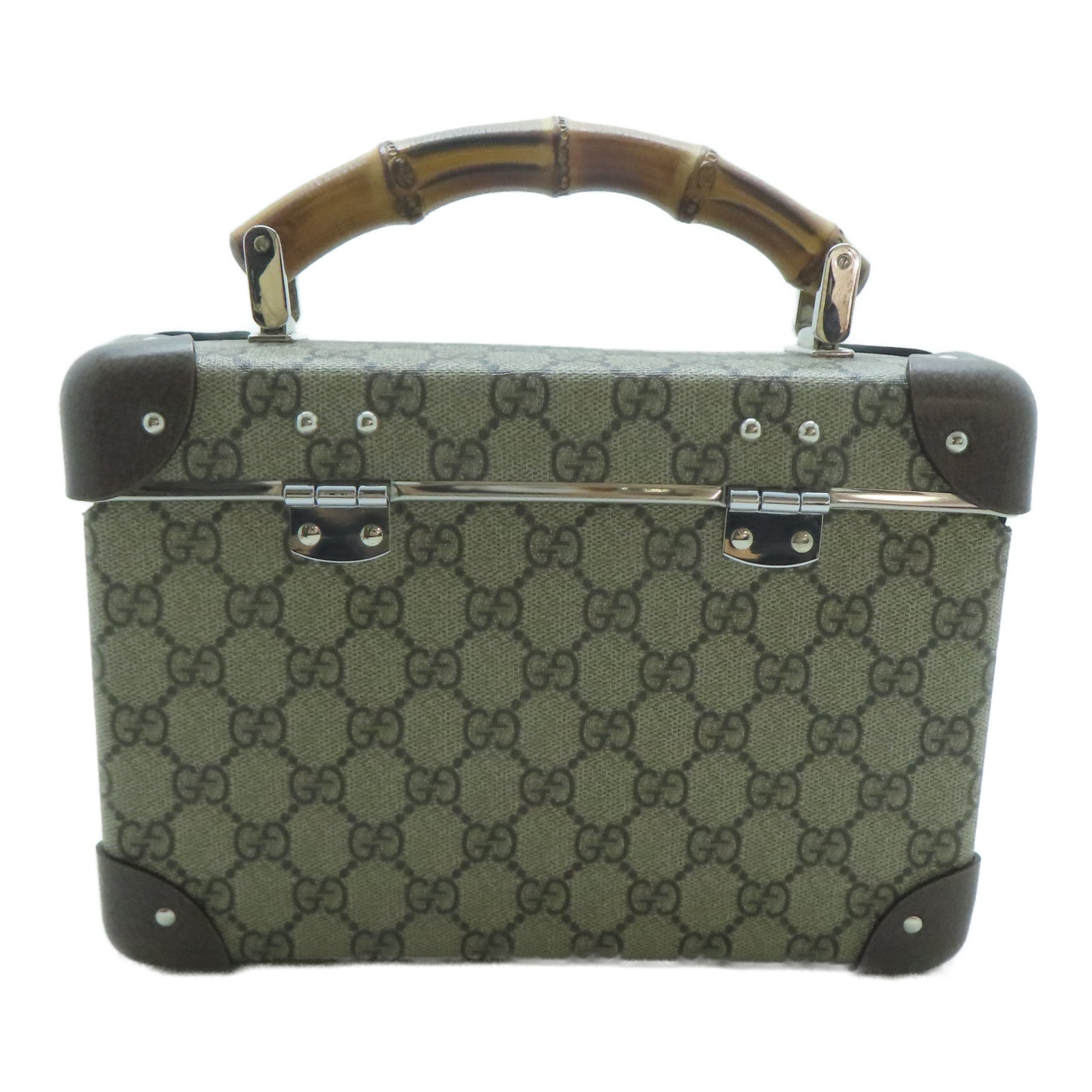 GUCCI 塗層帆布Bamboo Trunk銀扣手挽肩背兩用袋啡色