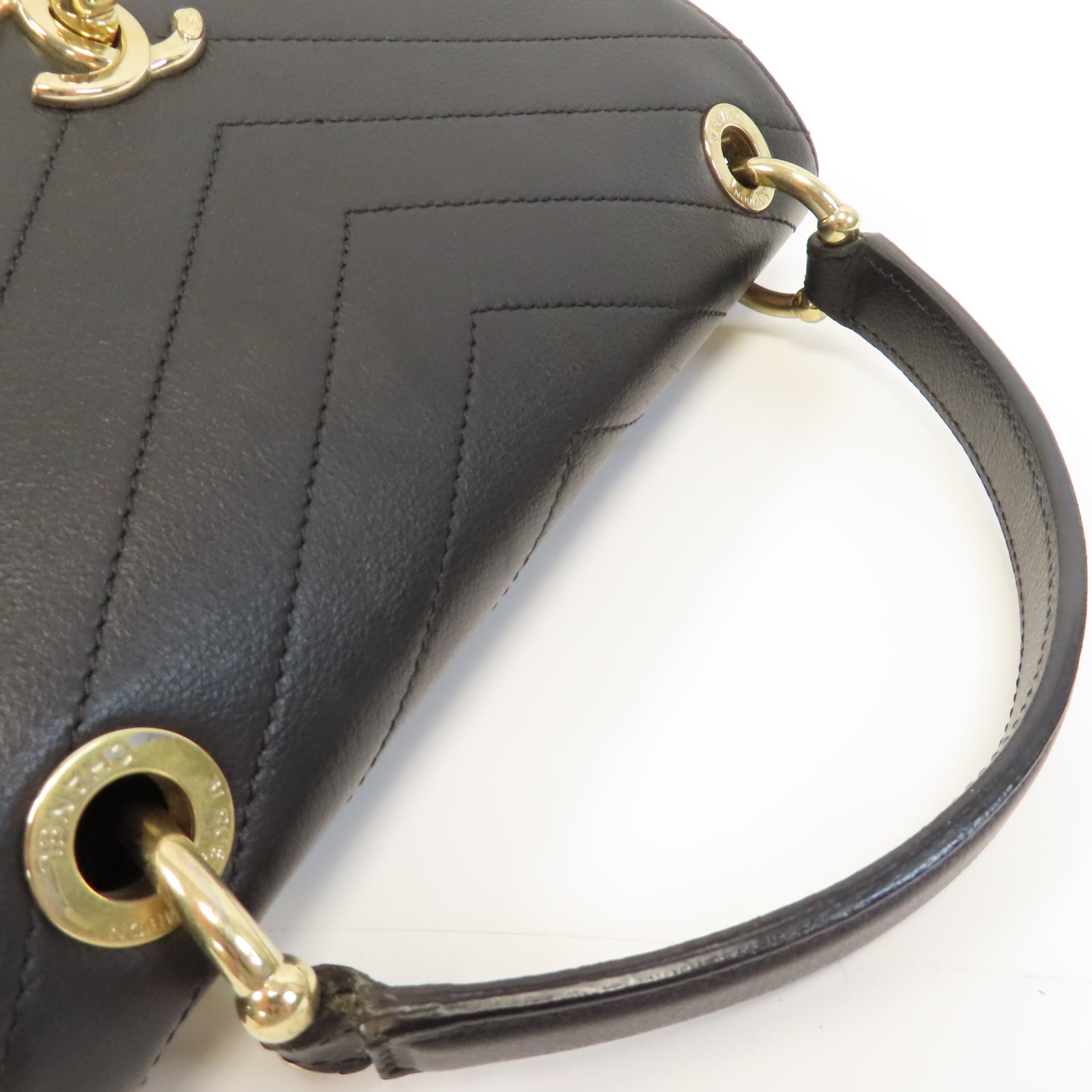 CHANEL 斜紋牛皮皮革Top Handle金扣手挽肩背兩用袋黑色