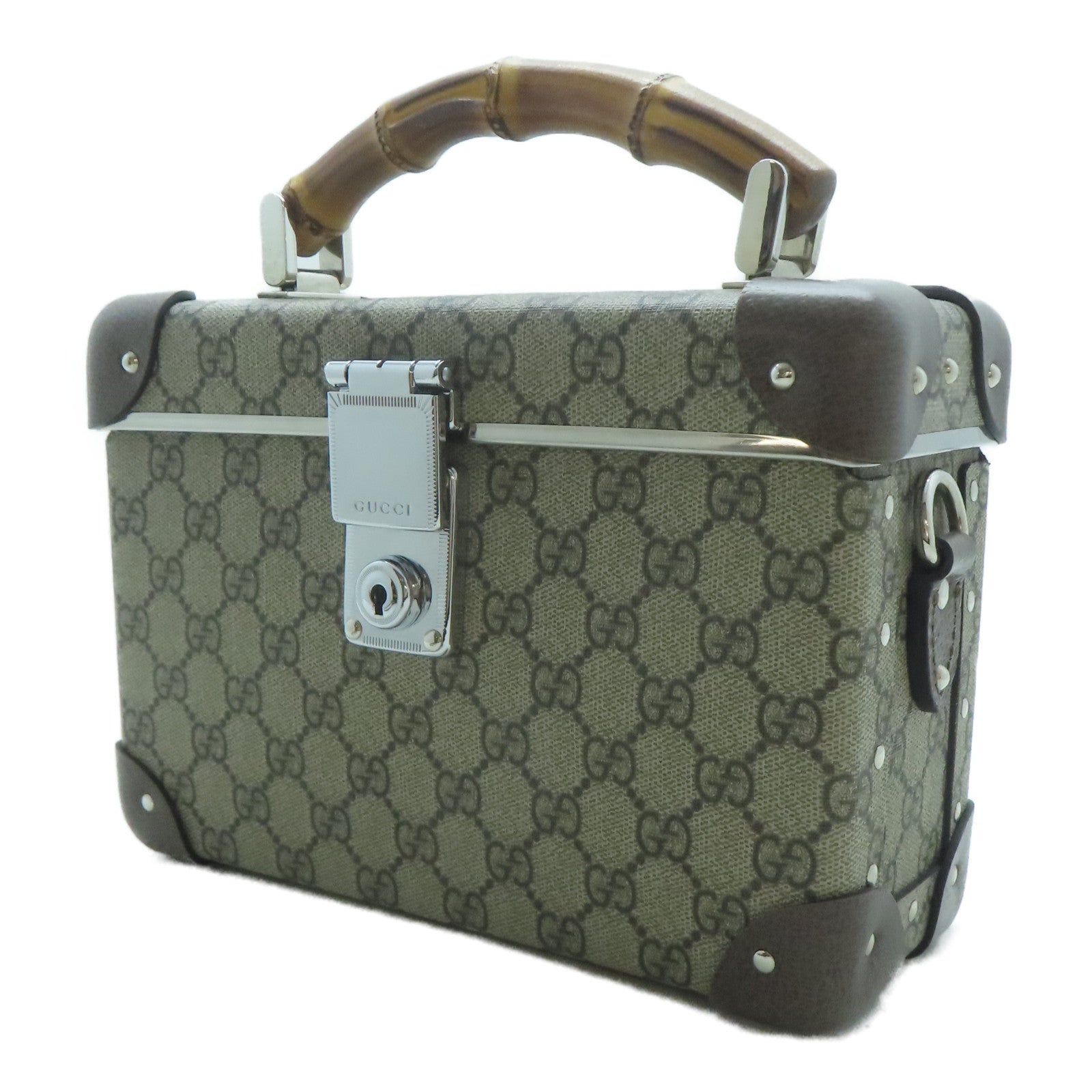 GUCCI 塗層帆布Bamboo Trunk銀扣手挽肩背兩用袋啡色