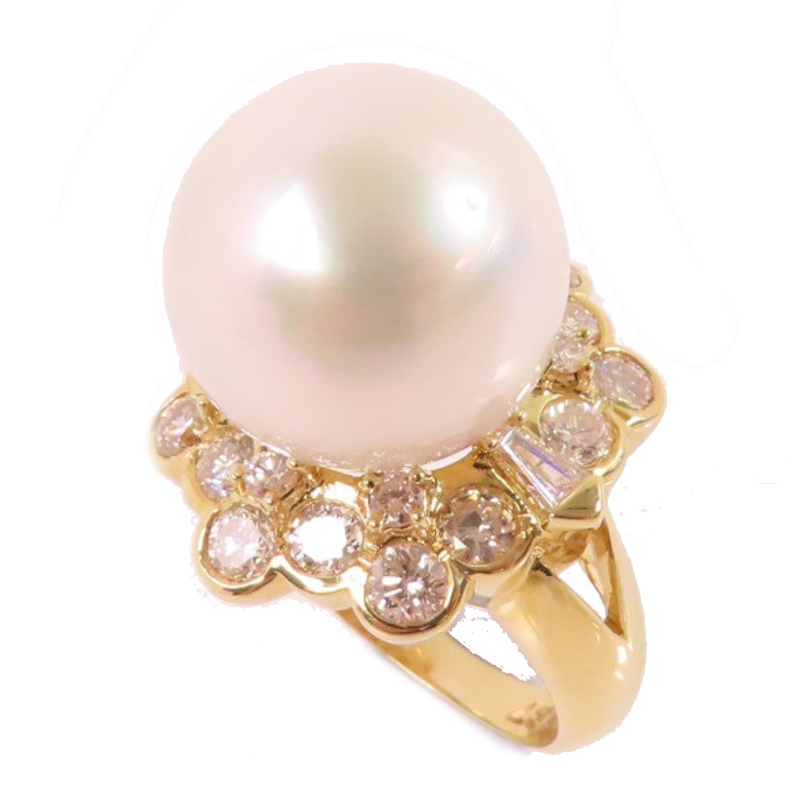 JEWELRY 18K黃金/14.5ct珍珠/1.76ct鑽石Pearl/Diamond Ring戒指US#6.25