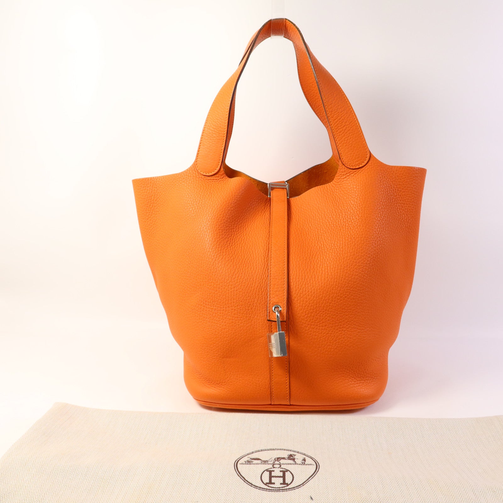 HERMES Clemence皮革Picotin GM銀扣手挽袋Orange