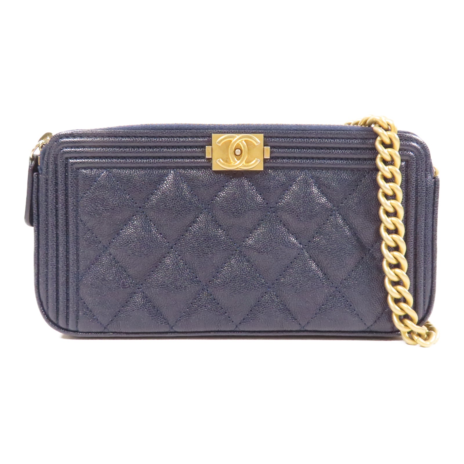 CHANEL 菱格Caviar皮革Chain Shoulder Bag金扣鏈帶肩背袋藍色