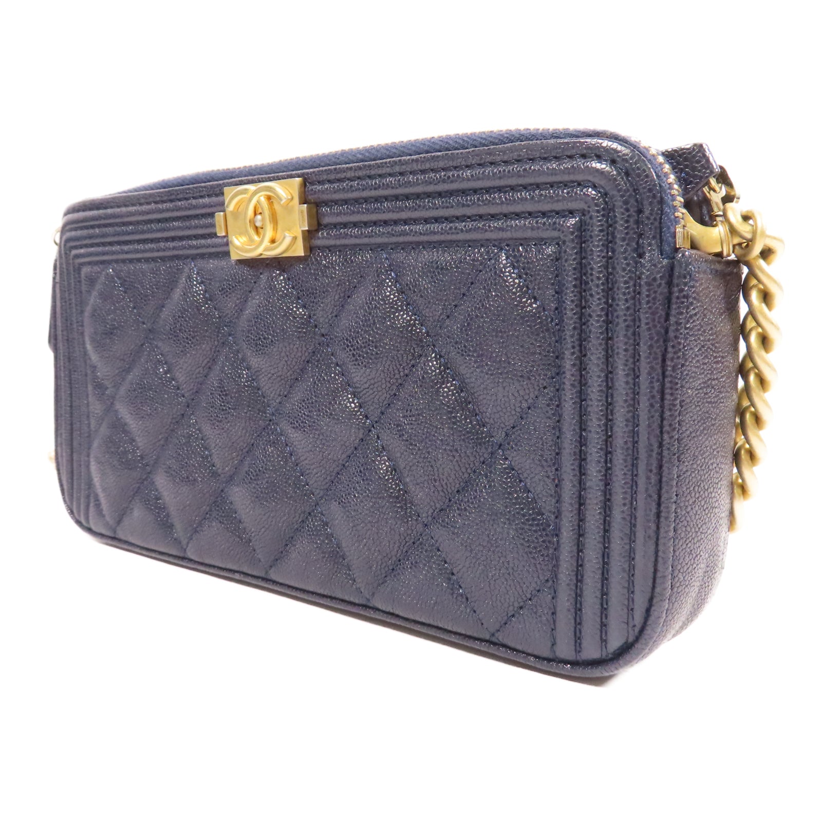 CHANEL 菱格Caviar皮革Chain Shoulder Bag金扣鏈帶肩背袋藍色