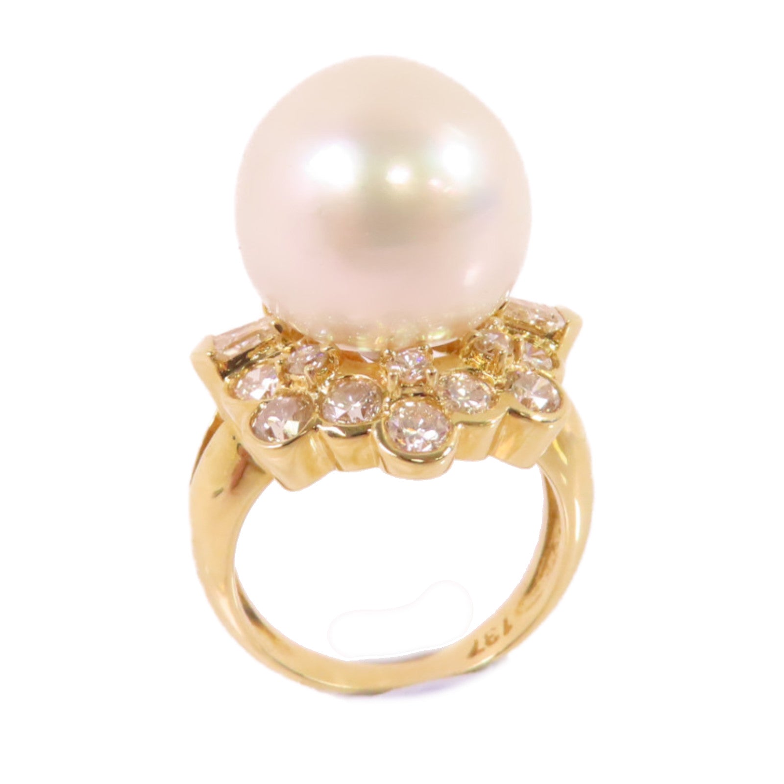 JEWELRY 18K黃金/14.5ct珍珠/1.76ct鑽石Pearl/Diamond Ring戒指US#6.25