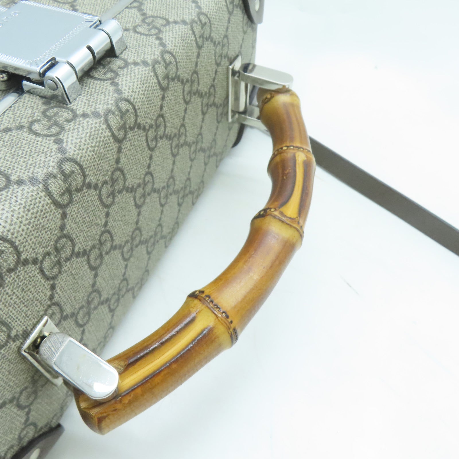 GUCCI 塗層帆布Bamboo Trunk銀扣手挽肩背兩用袋啡色
