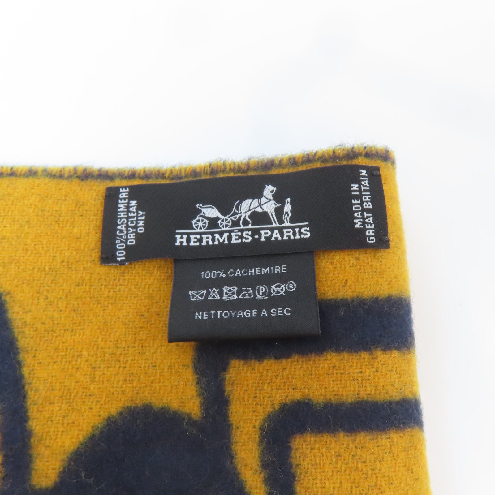 HERMES 羊絨Scarf頸巾深藍色/黃色
