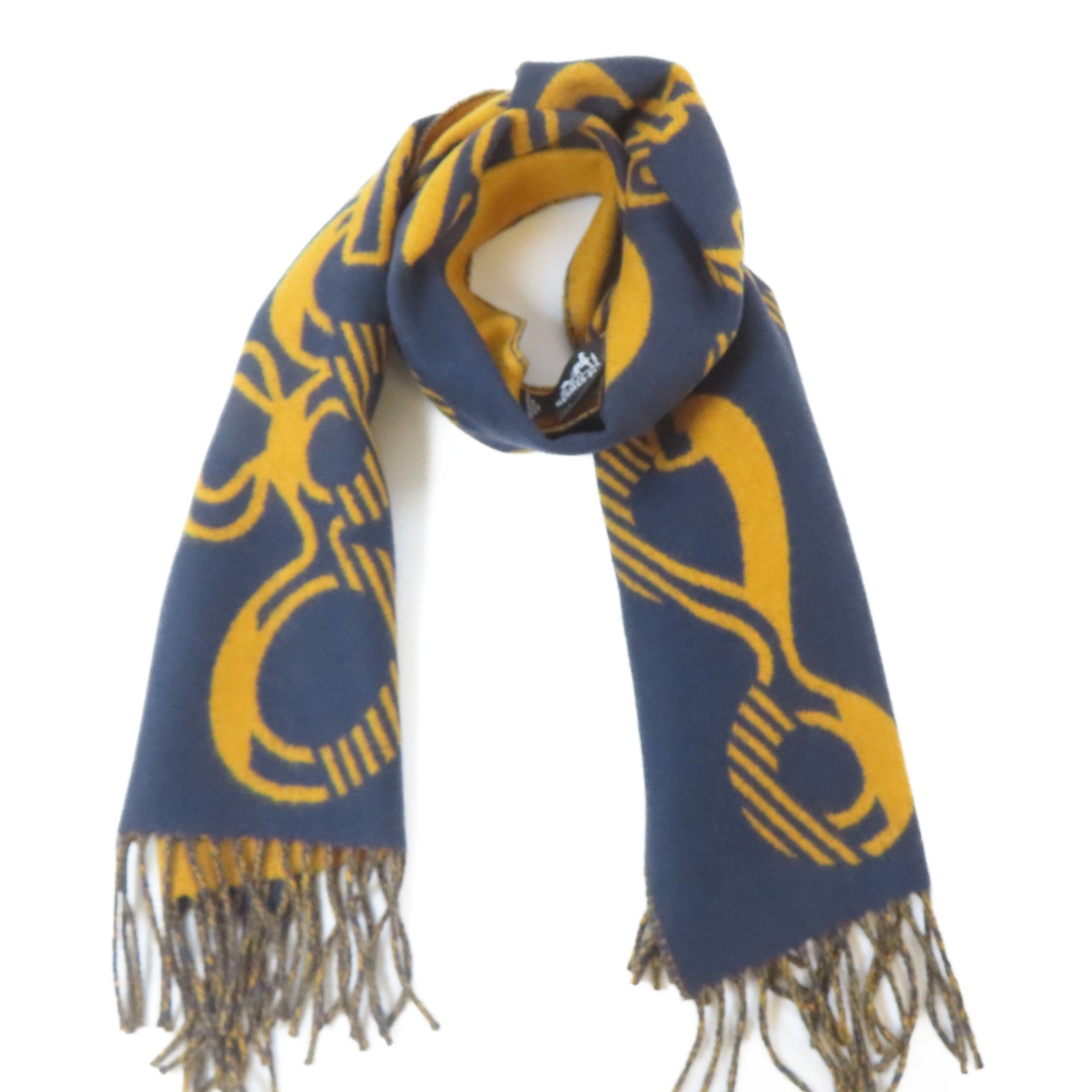 HERMES 羊絨Scarf頸巾深藍色/黃色