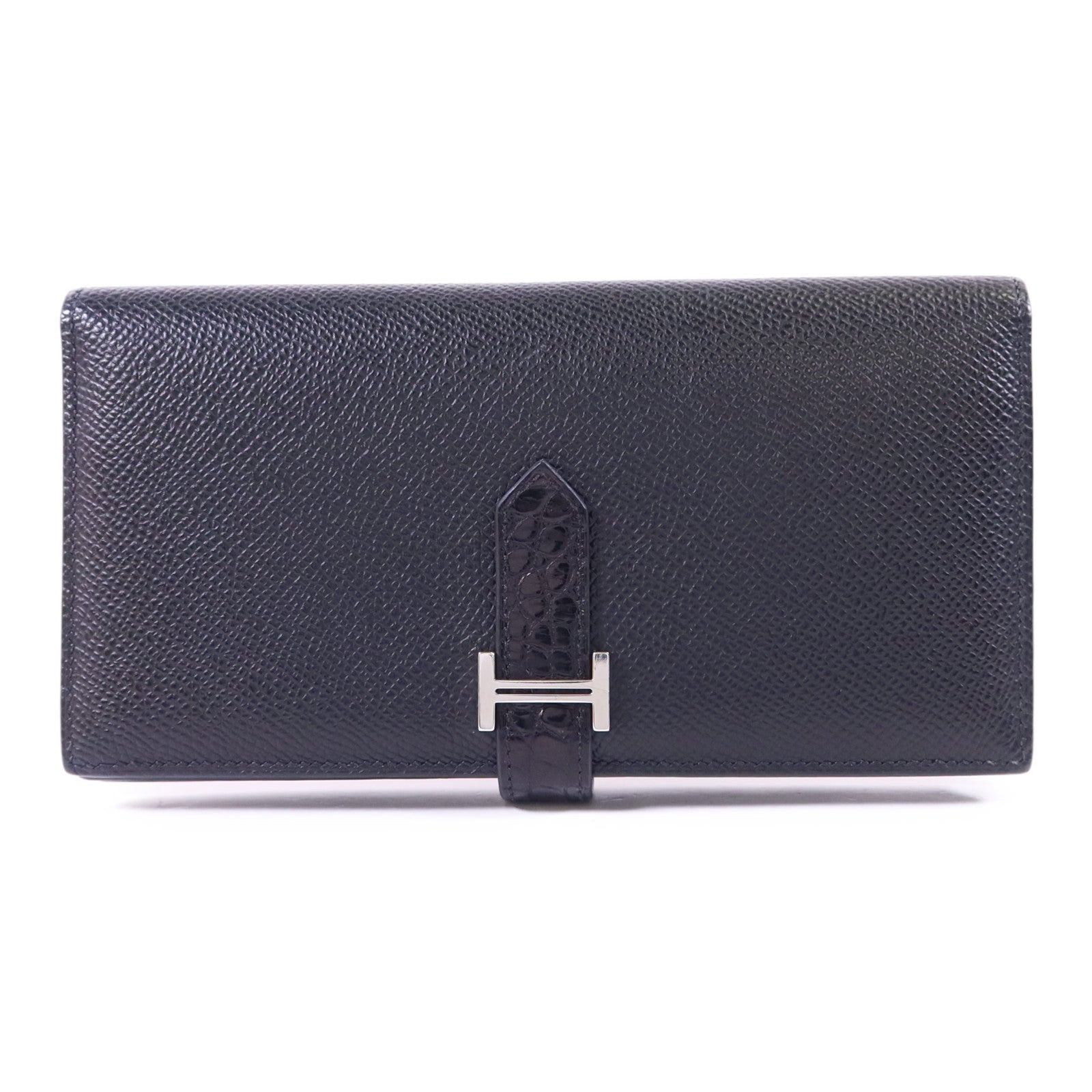 HERMES 鱷魚皮革/Epsom皮革Bearn Soufflet Touch銀扣長錢包Noir