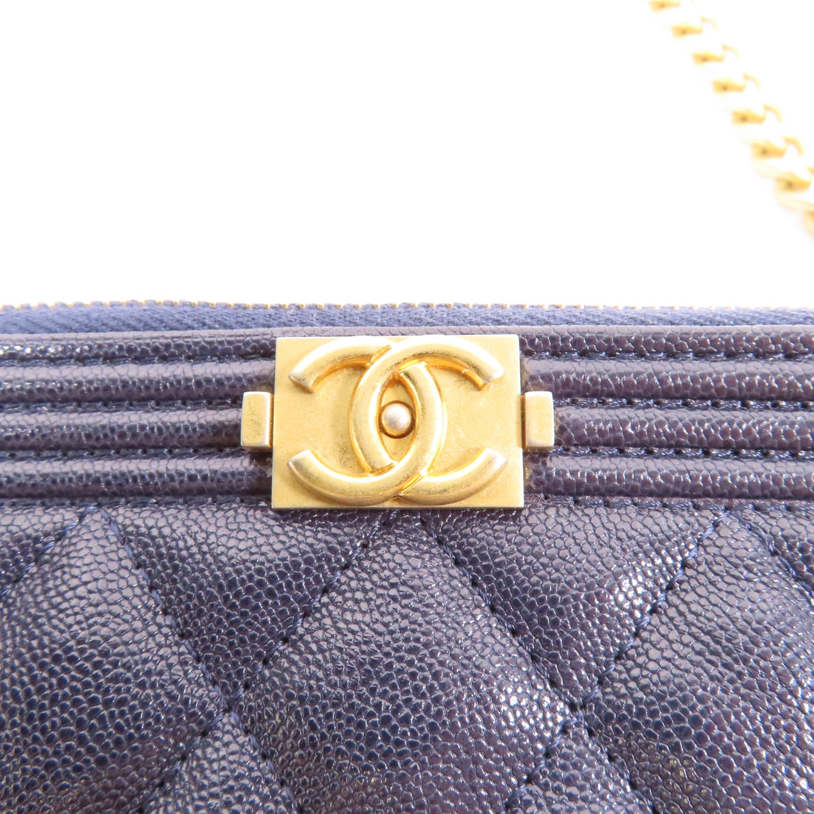 CHANEL 菱格Caviar皮革Chain Shoulder Bag金扣鏈帶肩背袋藍色