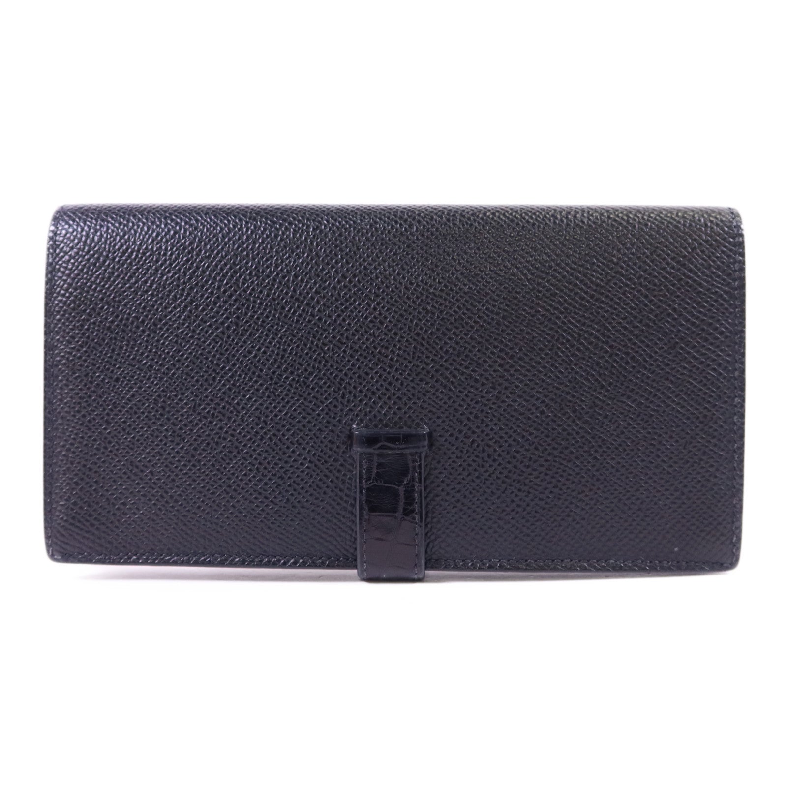 HERMES 鱷魚皮革/Epsom皮革Bearn Soufflet Touch銀扣長錢包Noir