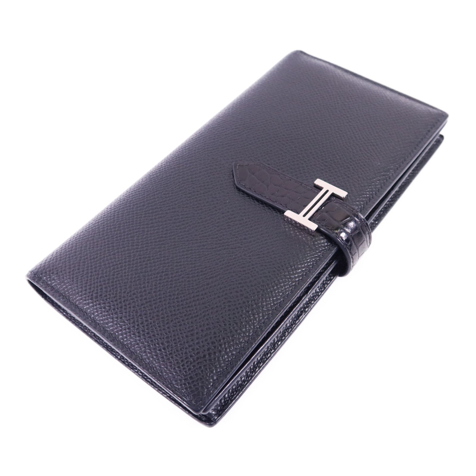 HERMES 鱷魚皮革/Epsom皮革Bearn Soufflet Touch銀扣長錢包Noir