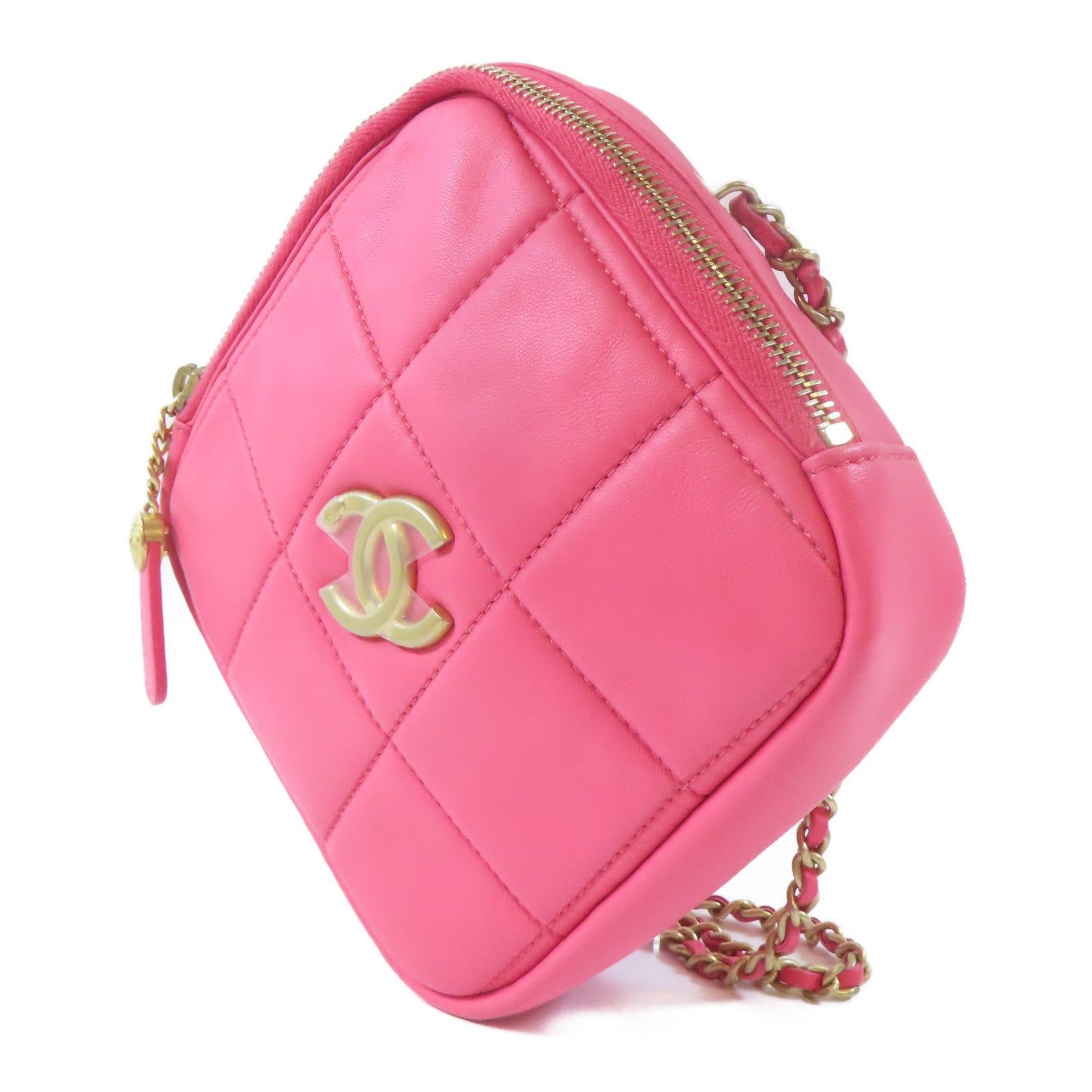 CHANEL 【激減優惠】菱格羊皮皮革Rhombus Chain Shoulder Bag金扣鏈帶肩背袋粉紅色