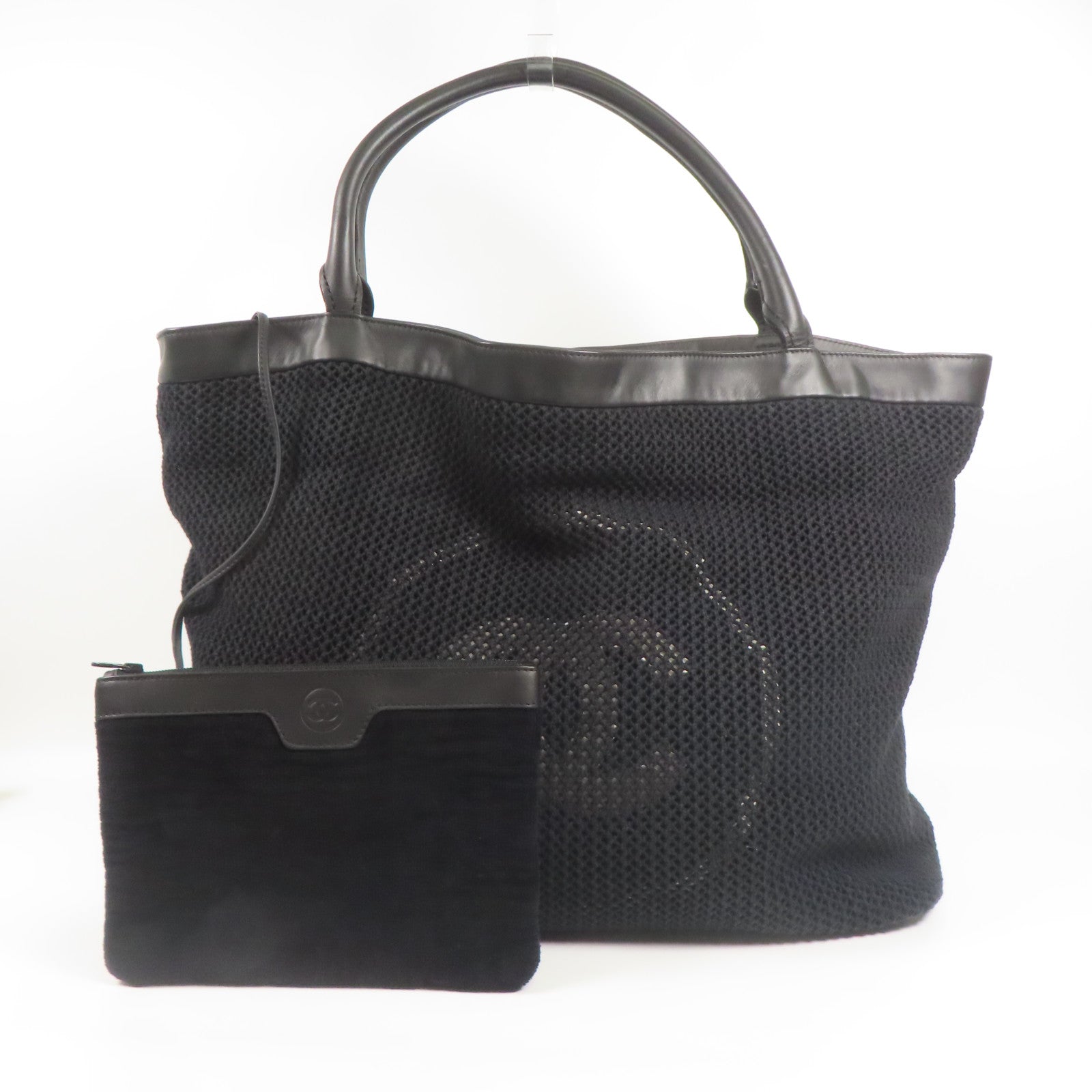 CHANEL 棉質/皮革Shoulder Tote銀扣肩背袋/手挽袋