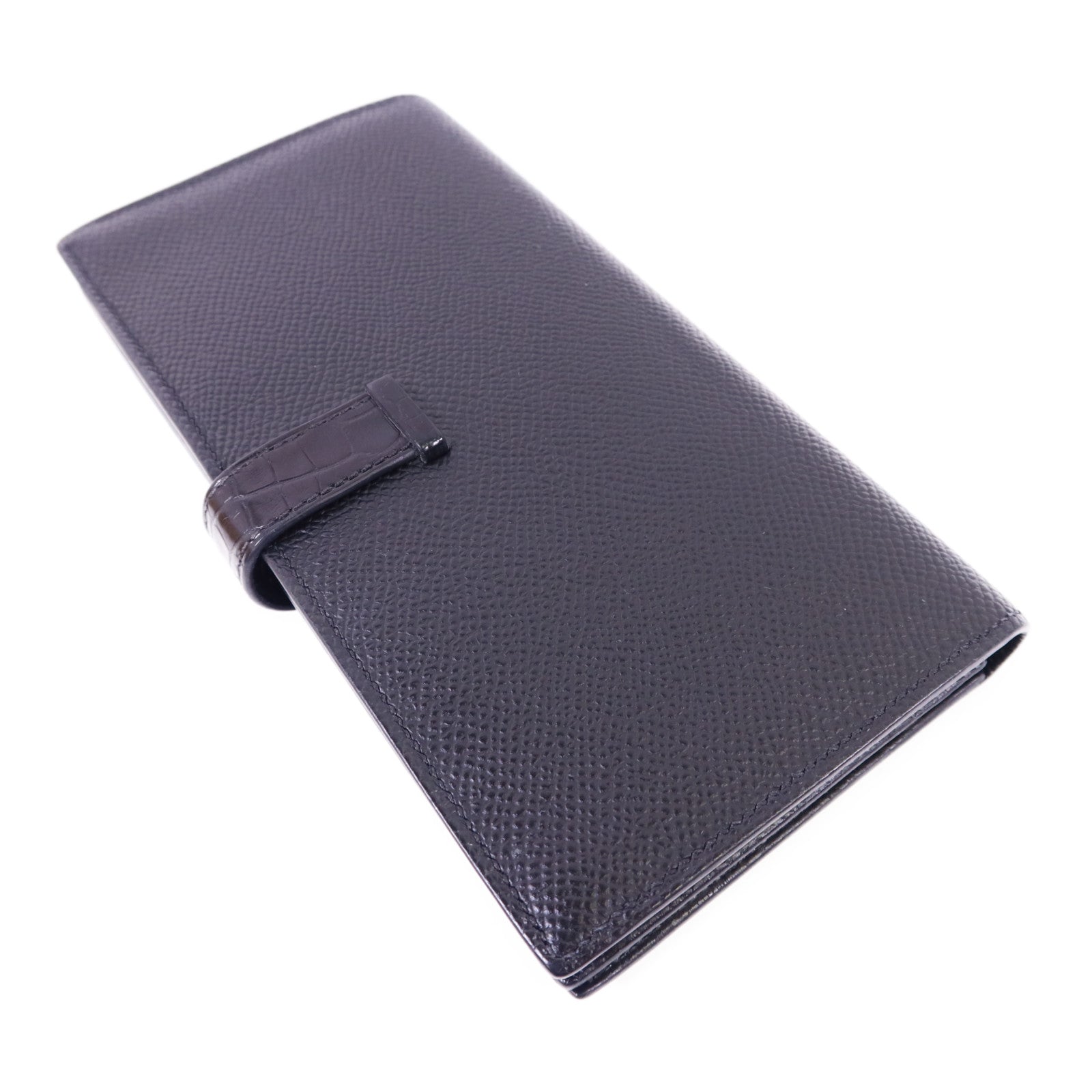 HERMES 鱷魚皮革/Epsom皮革Bearn Soufflet Touch銀扣長錢包Noir