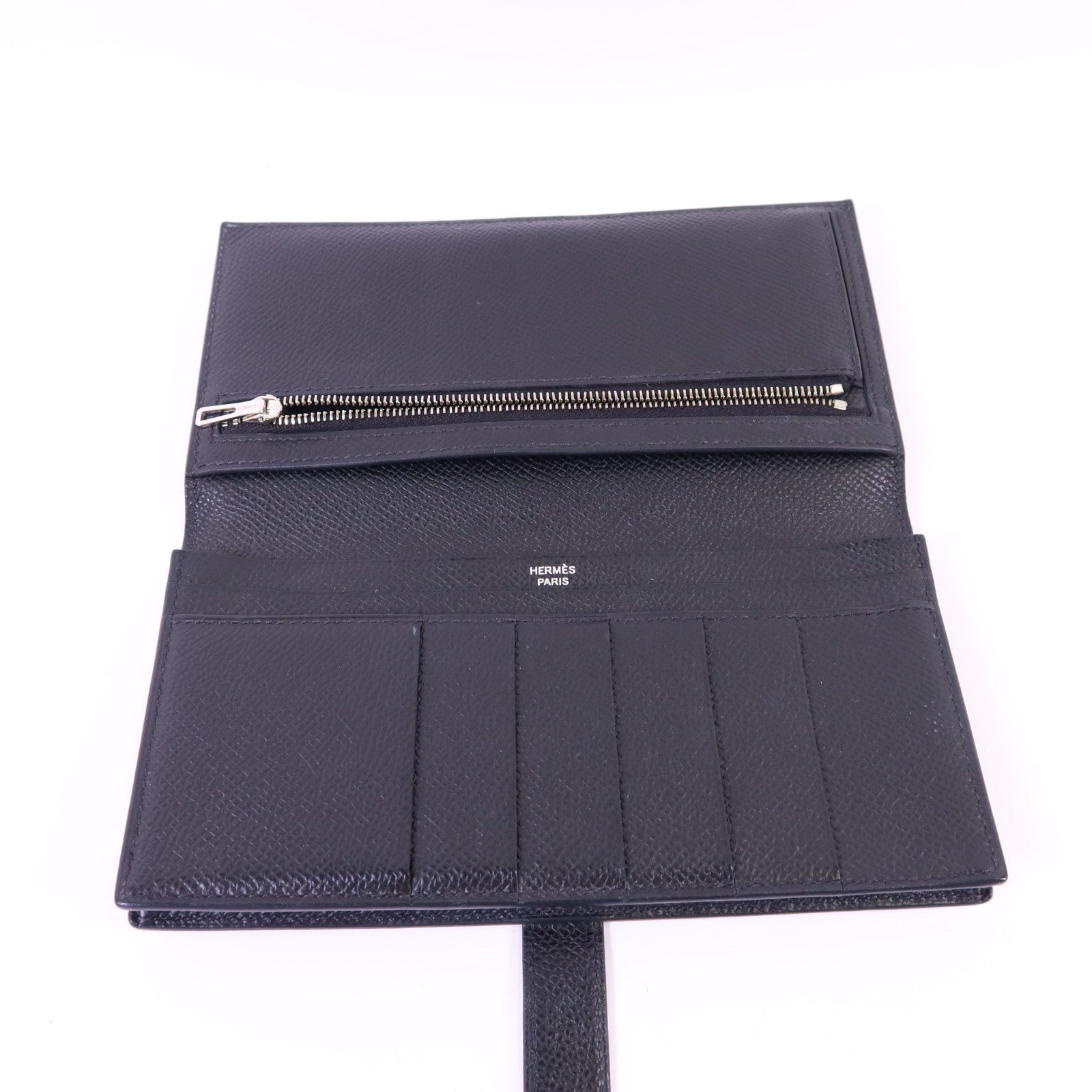 HERMES 鱷魚皮革/Epsom皮革Bearn Soufflet Touch銀扣長錢包Noir