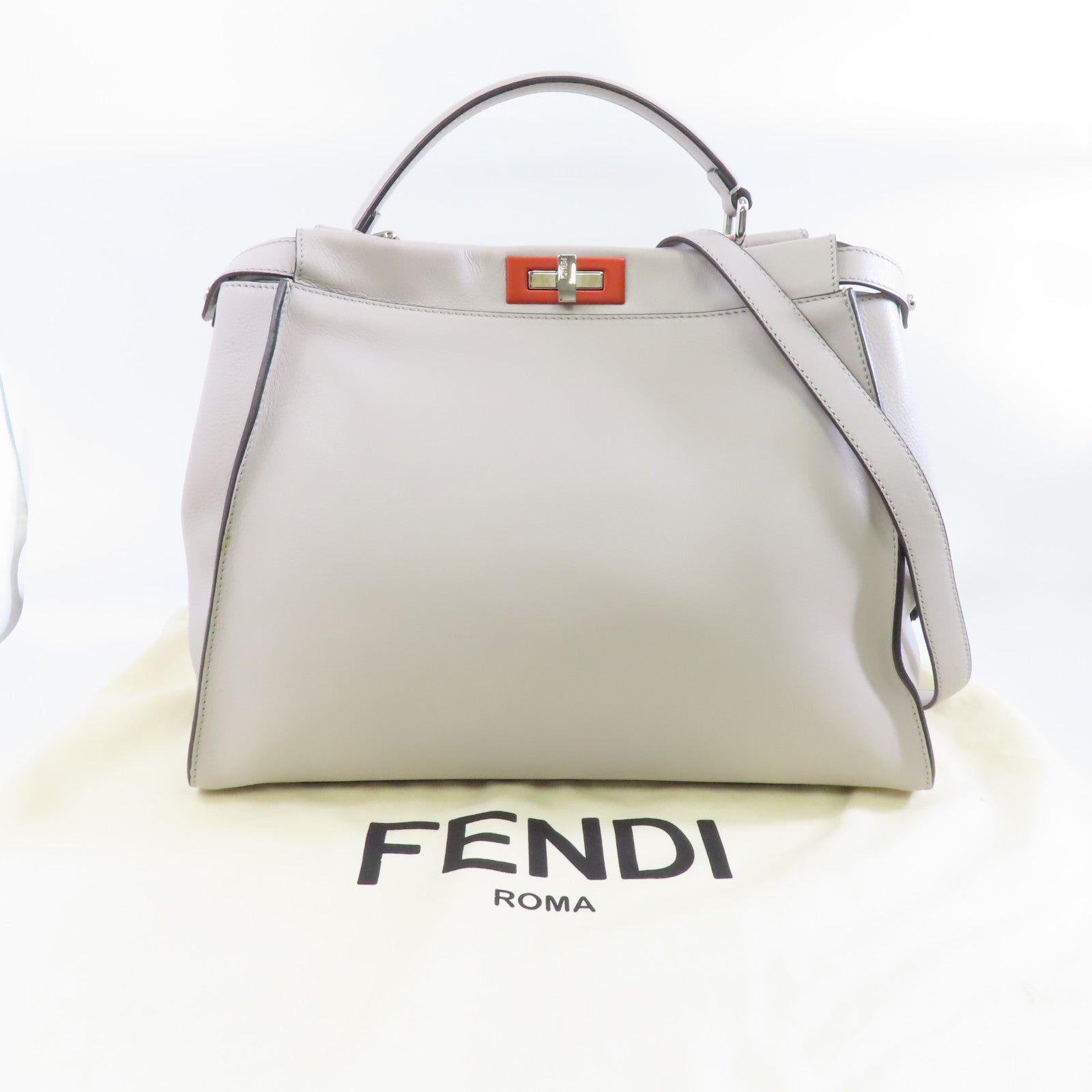 FENDI 牛皮皮革Peekaboo銀扣手挽肩背兩用袋灰色