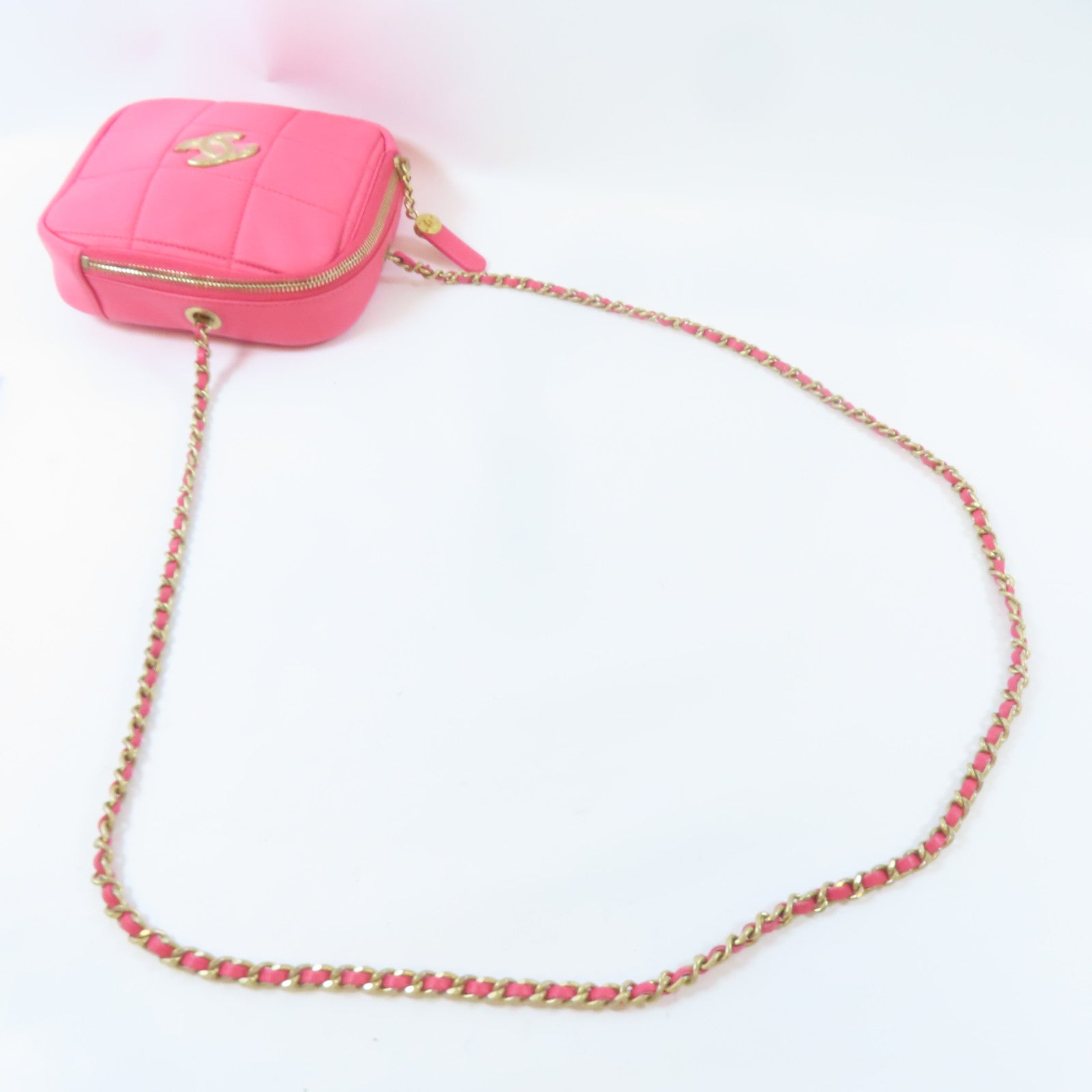 CHANEL 【激減優惠】菱格羊皮皮革Rhombus Chain Shoulder Bag金扣鏈帶肩背袋粉紅色