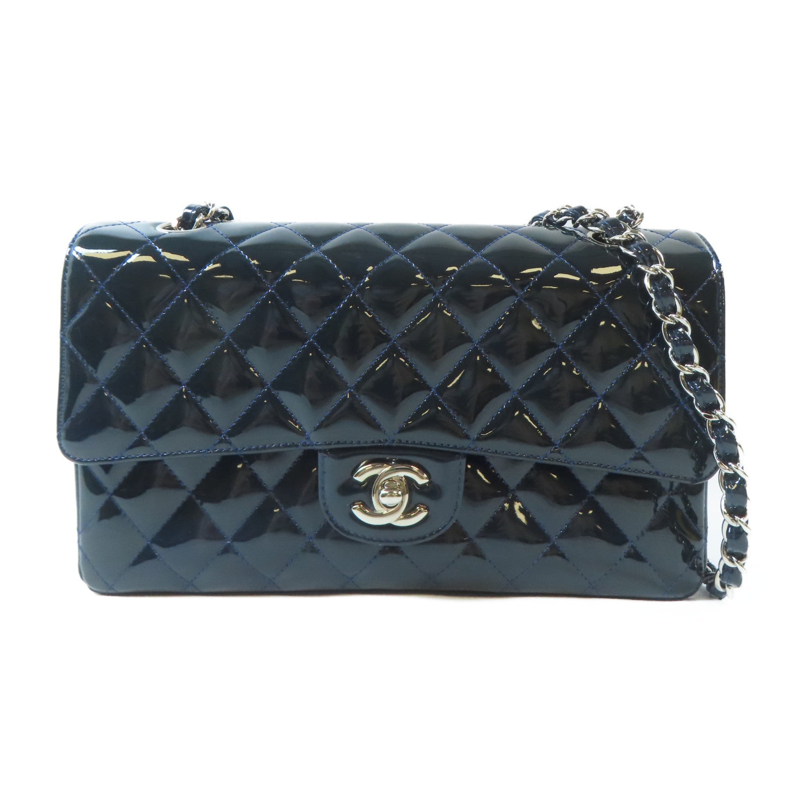CHANEL 【激減優惠】菱格漆皮皮革Classic Flap 25cm銀扣鏈帶肩背袋深藍色