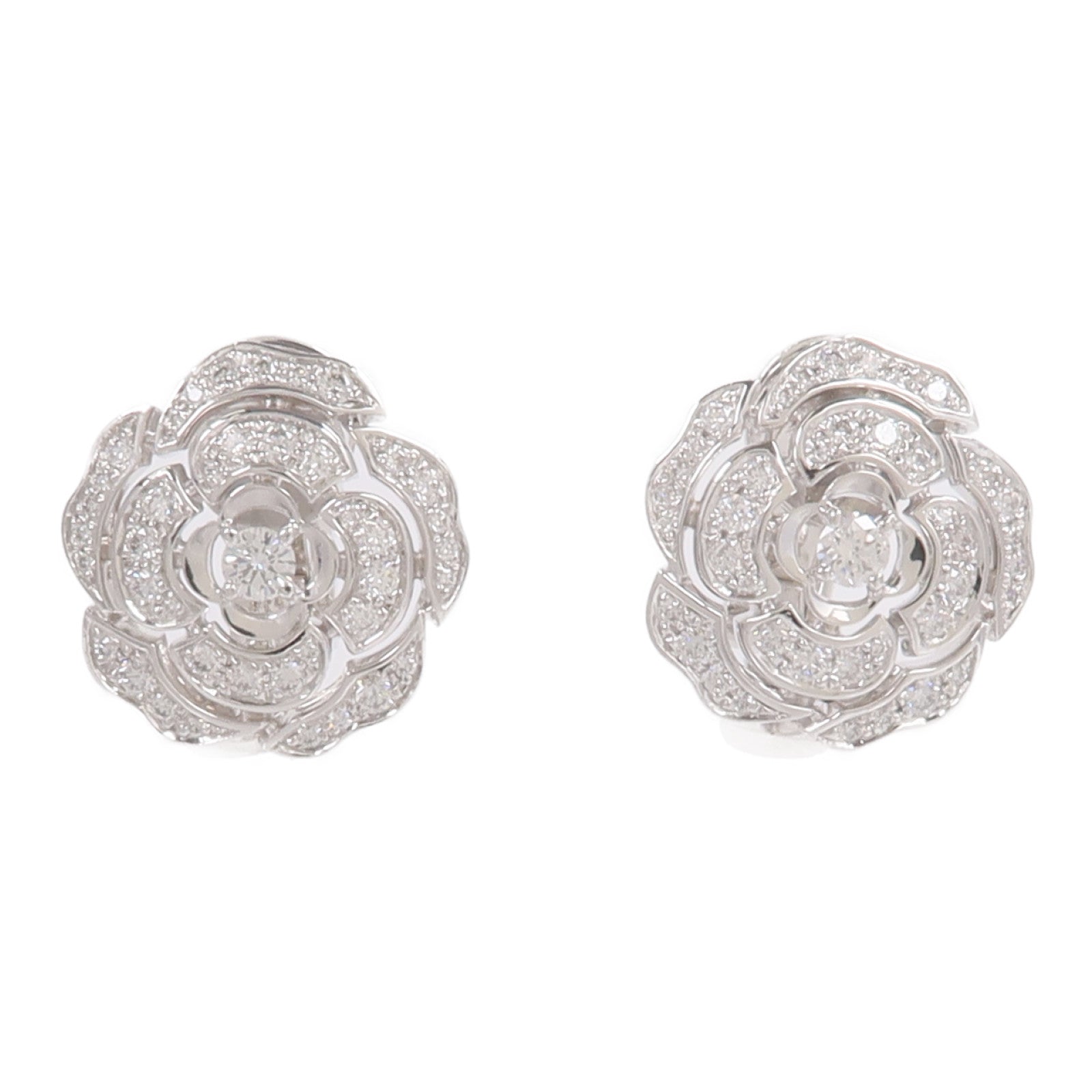 CHANEL 18K白金Bouton De Camelia Earrings鑽石耳環