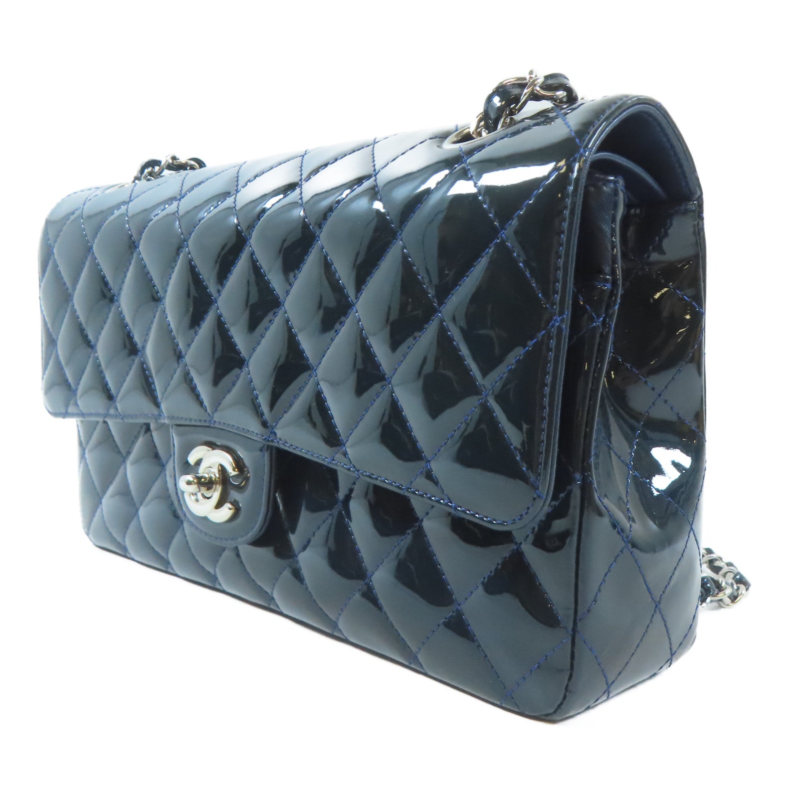 CHANEL 【激減優惠】菱格漆皮皮革Classic Flap 25cm銀扣鏈帶肩背袋深藍色