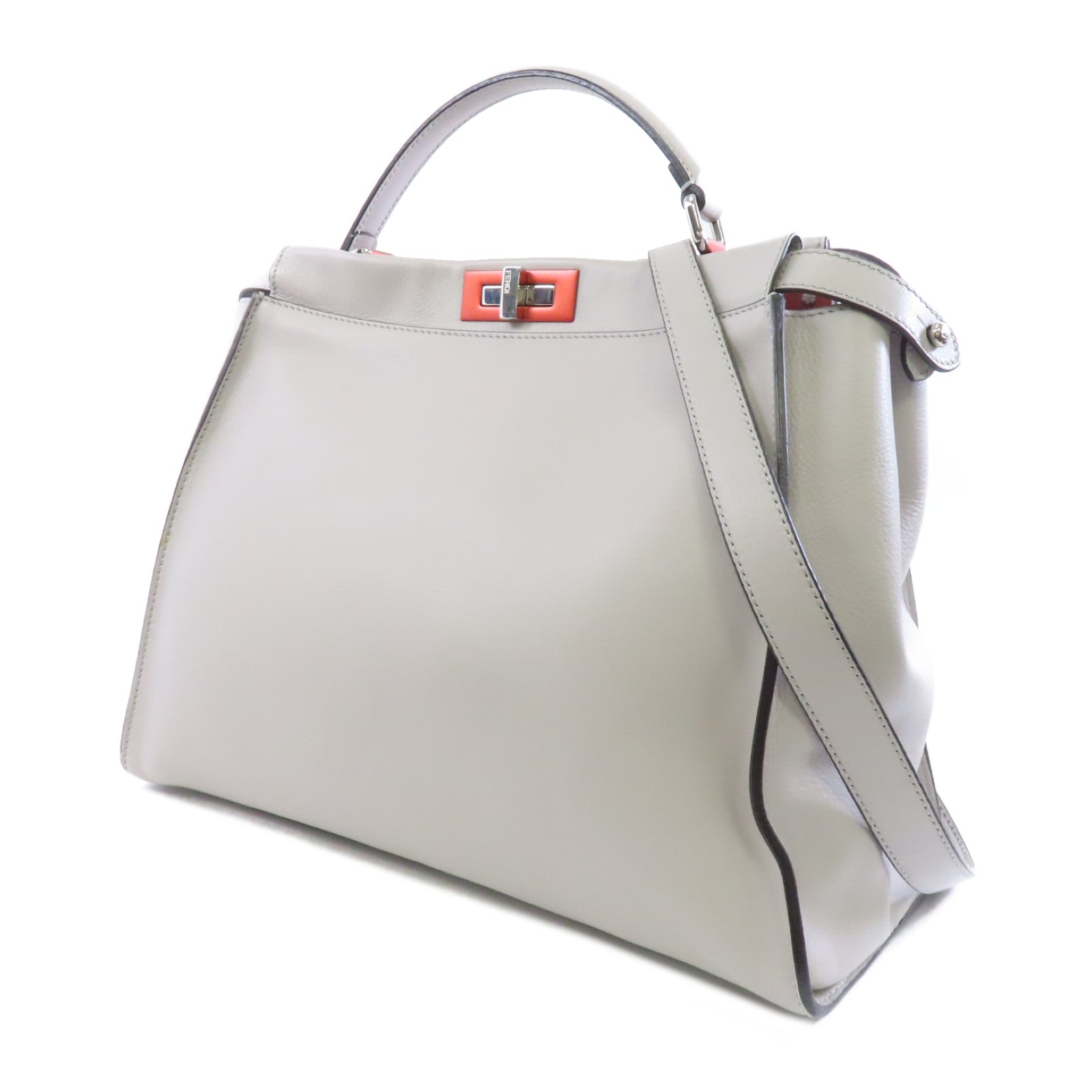 FENDI 牛皮皮革Peekaboo銀扣手挽肩背兩用袋灰色