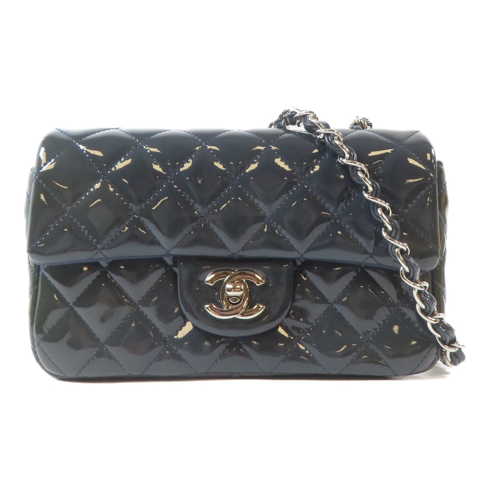 CHANEL 菱格漆皮皮革Chain Shoulder Bag銀扣鏈帶肩背袋藍色