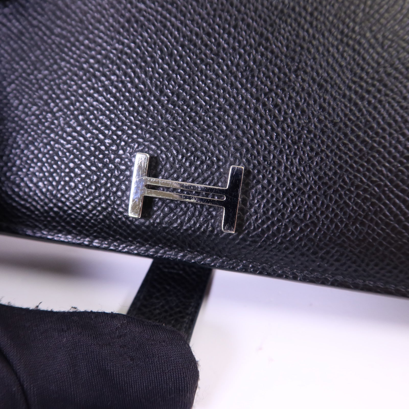 HERMES 鱷魚皮革/Epsom皮革Bearn Soufflet Touch銀扣長錢包Noir
