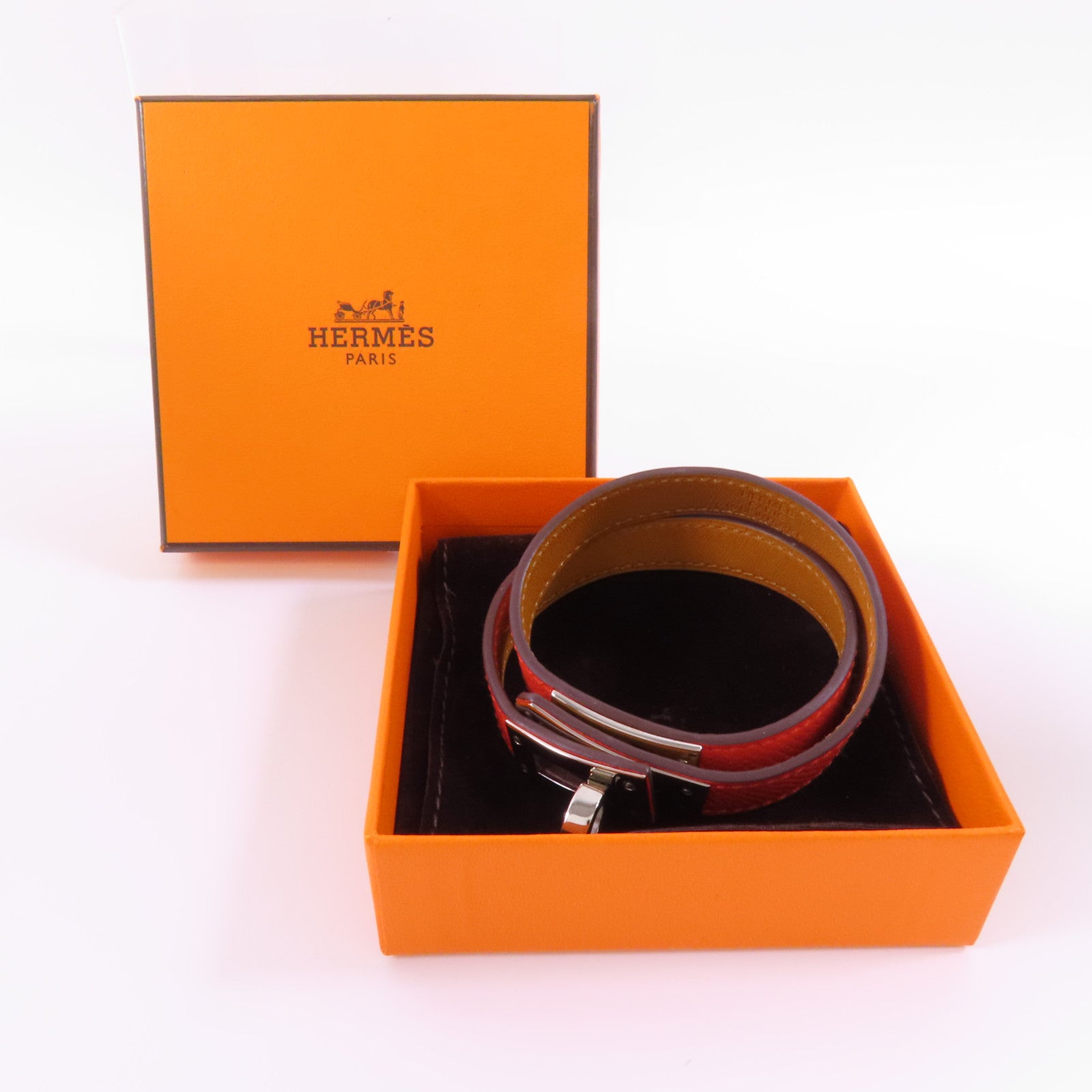 HERMES Epsom皮革Kelly Double Tour銀扣手鐲