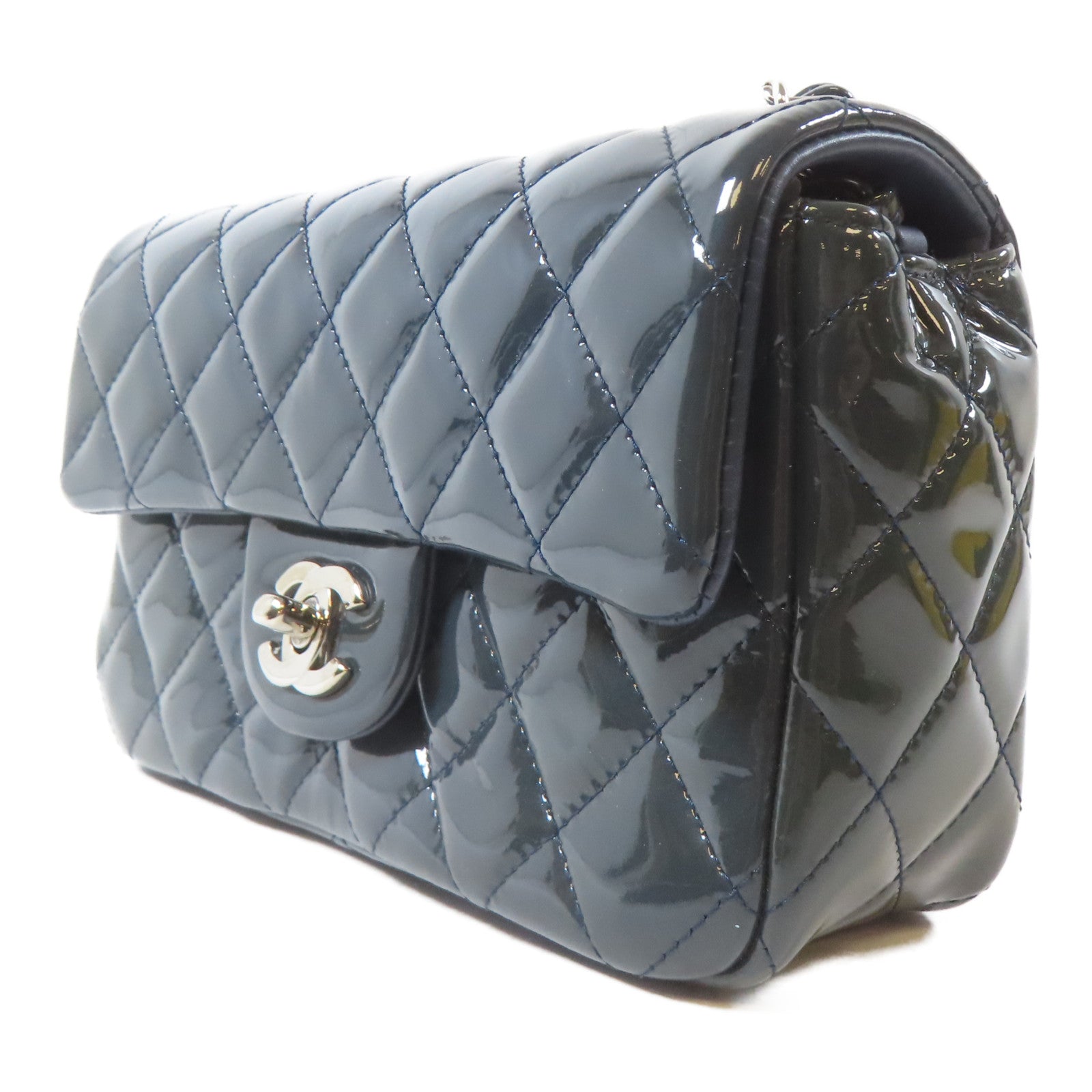 CHANEL 菱格漆皮皮革Chain Shoulder Bag銀扣鏈帶肩背袋藍色