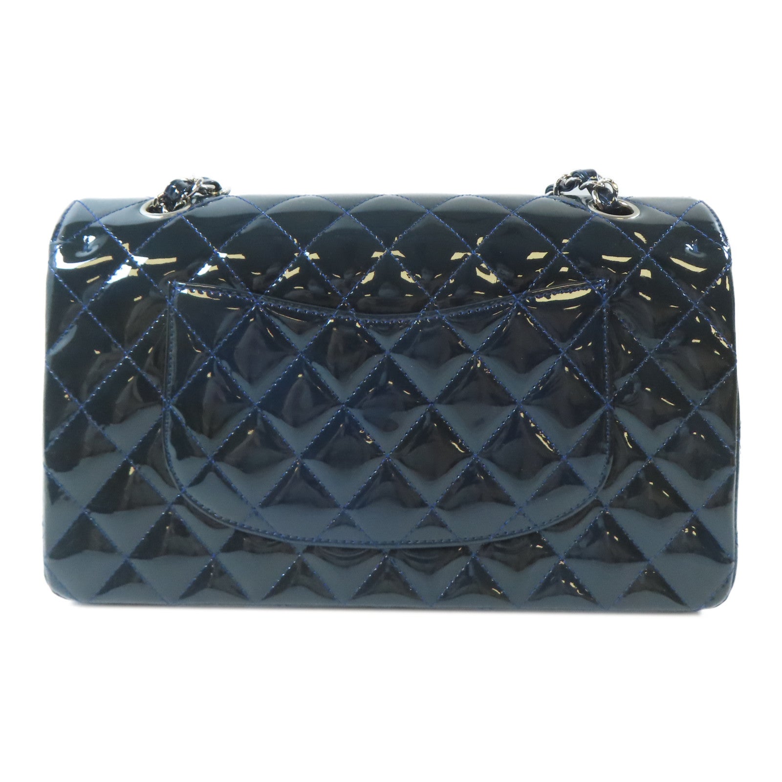 CHANEL 【激減優惠】菱格漆皮皮革Classic Flap 25cm銀扣鏈帶肩背袋深藍色