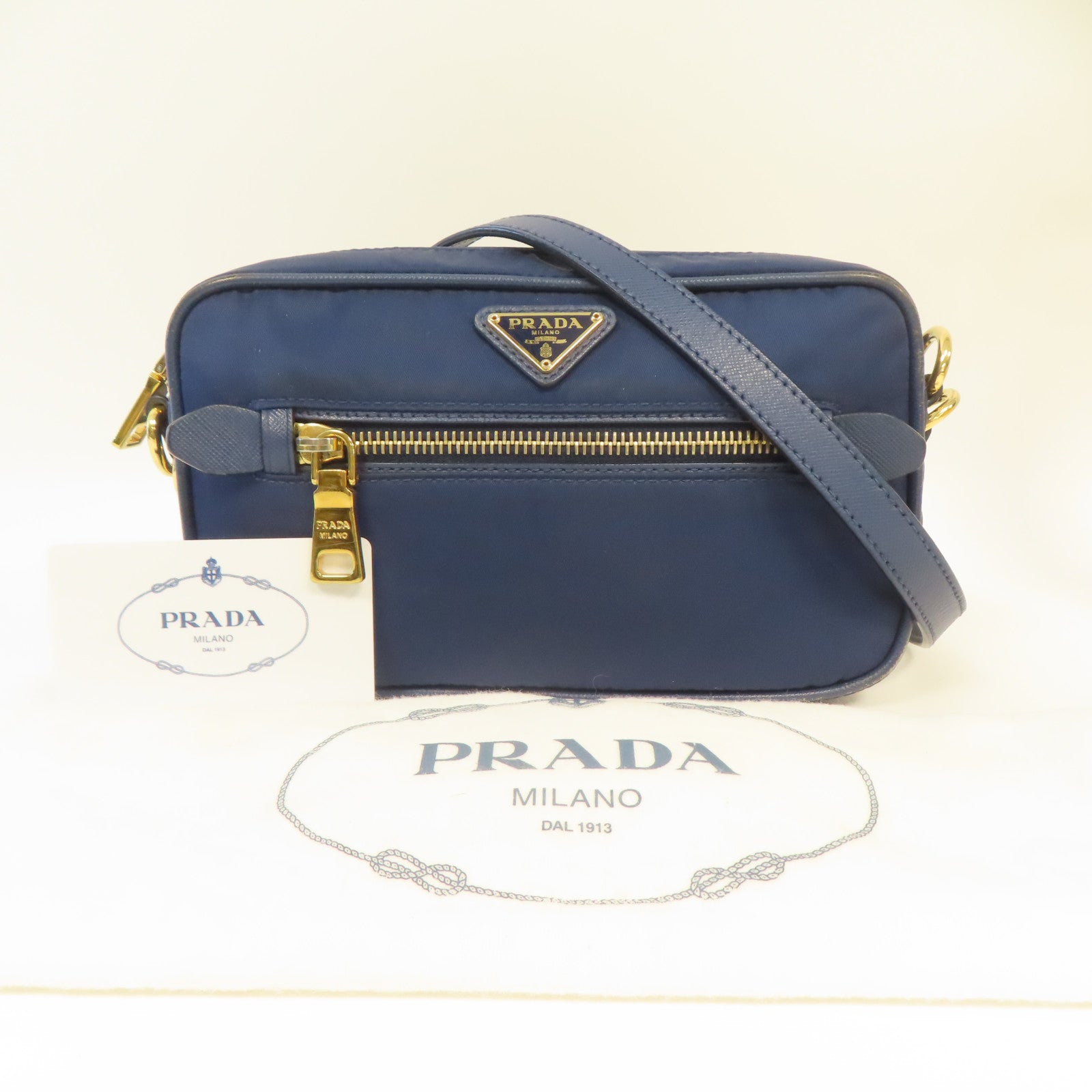 PRADA 【激減優惠】尼龍/皮革Tessuto Saffian Crossbody Pouch金扣肩背袋藍色