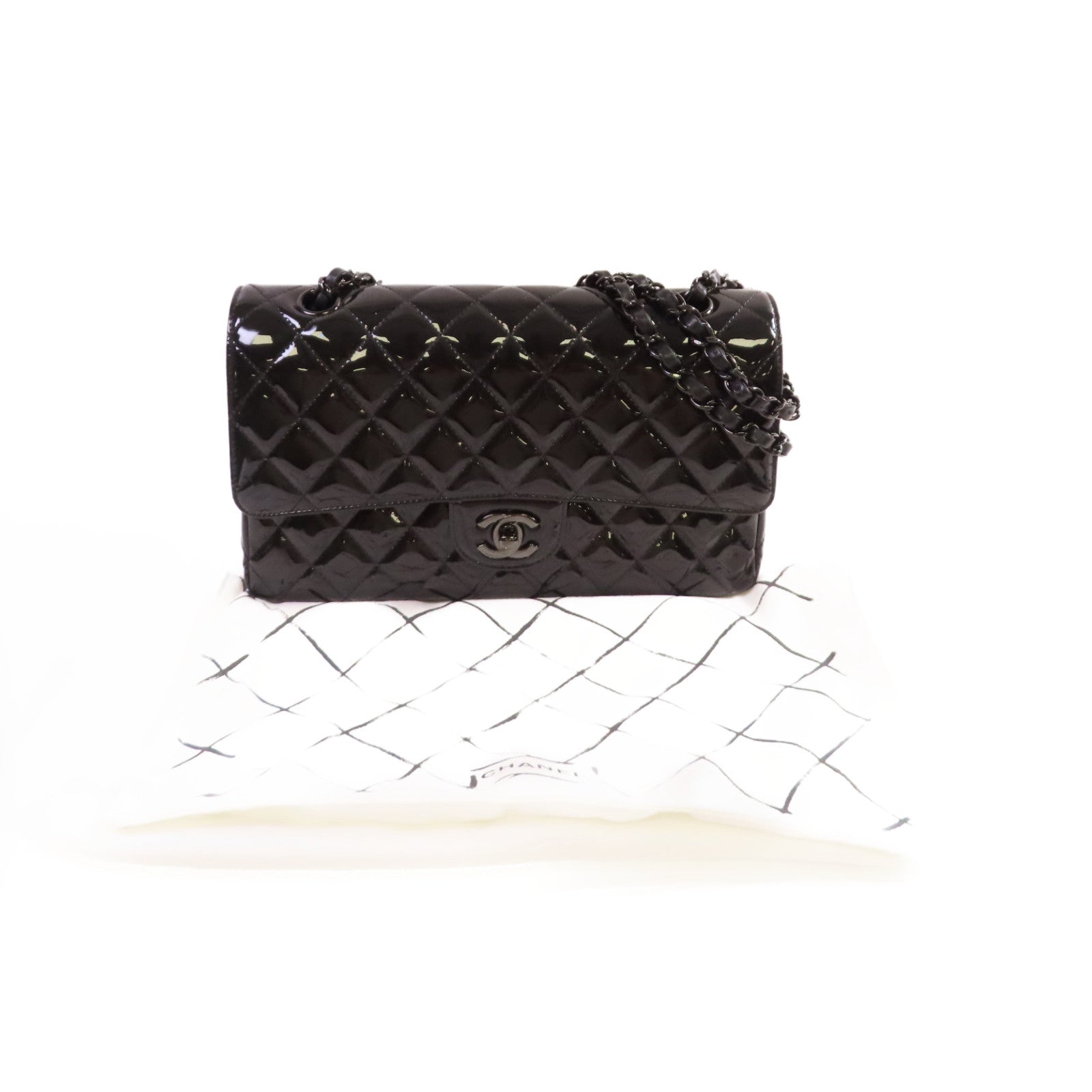 CHANEL 漆皮皮革Classic So Black Chain Shoulder Bag黑扣鏈帶肩背袋黑色