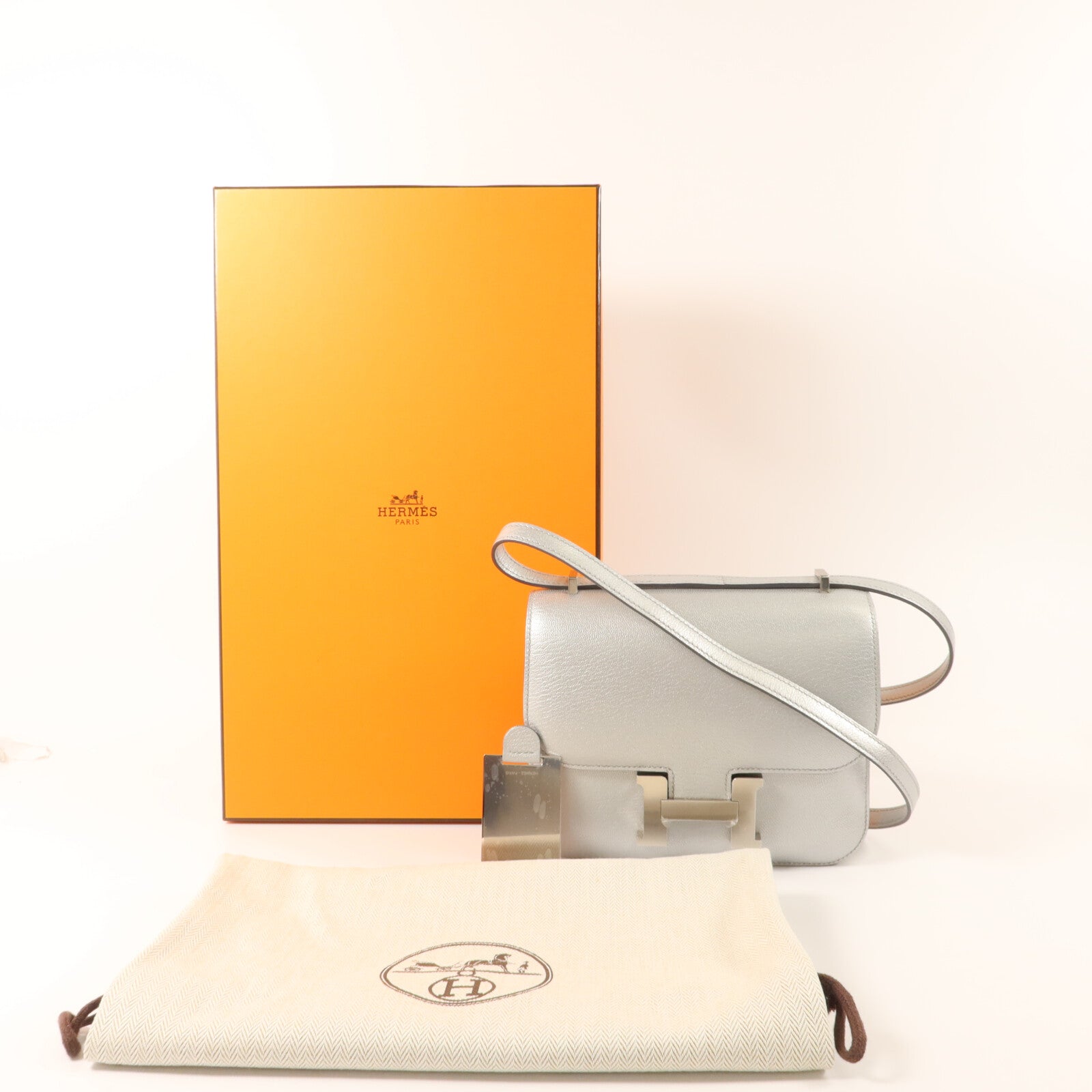 HERMES Chevre皮革Constance Mini手挽肩背兩用袋Argent