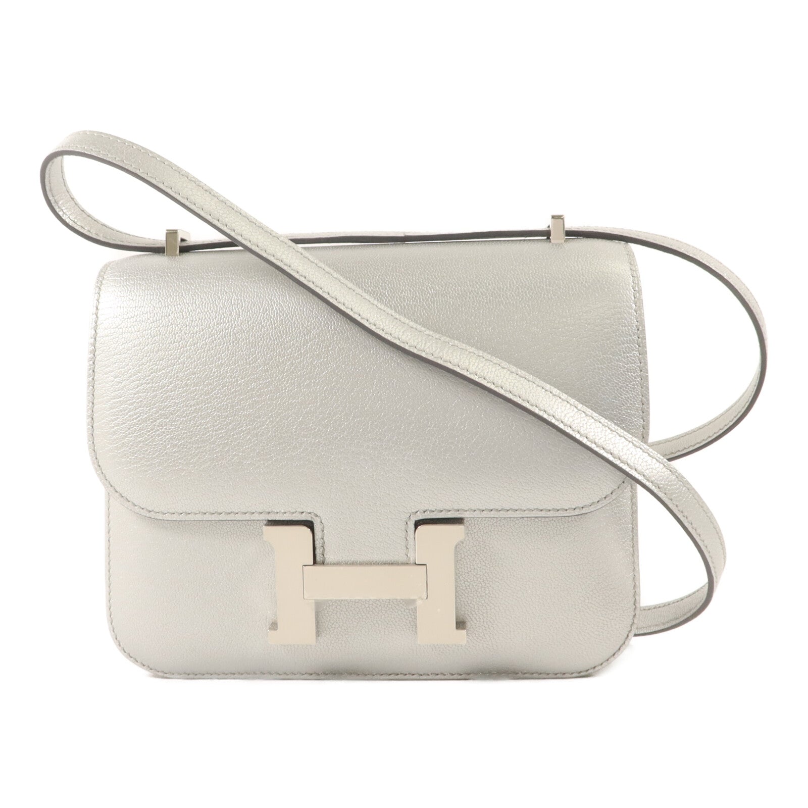 HERMES Chevre皮革Constance Mini手挽肩背兩用袋Argent