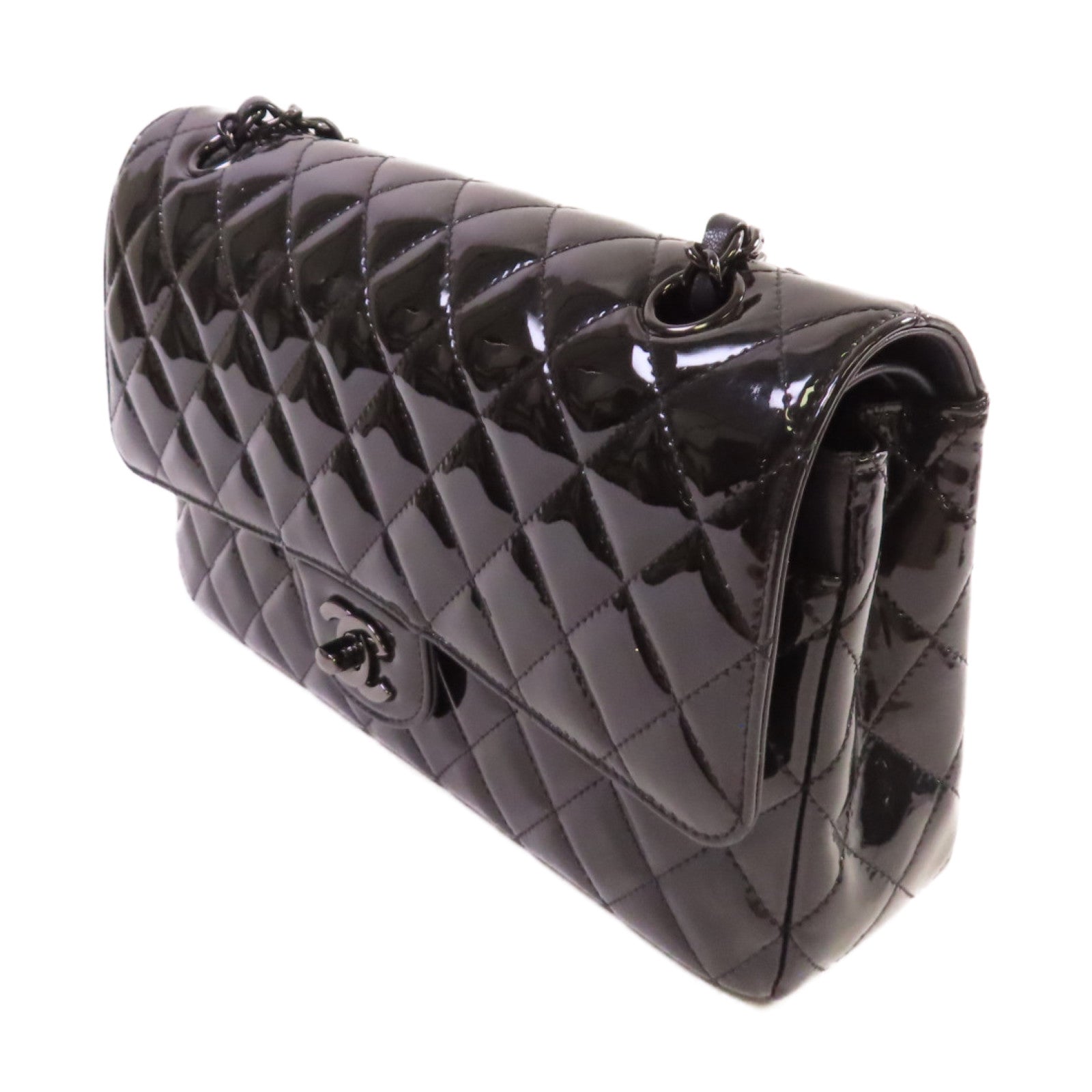 CHANEL 漆皮皮革Classic So Black Chain Shoulder Bag黑扣鏈帶肩背袋黑色