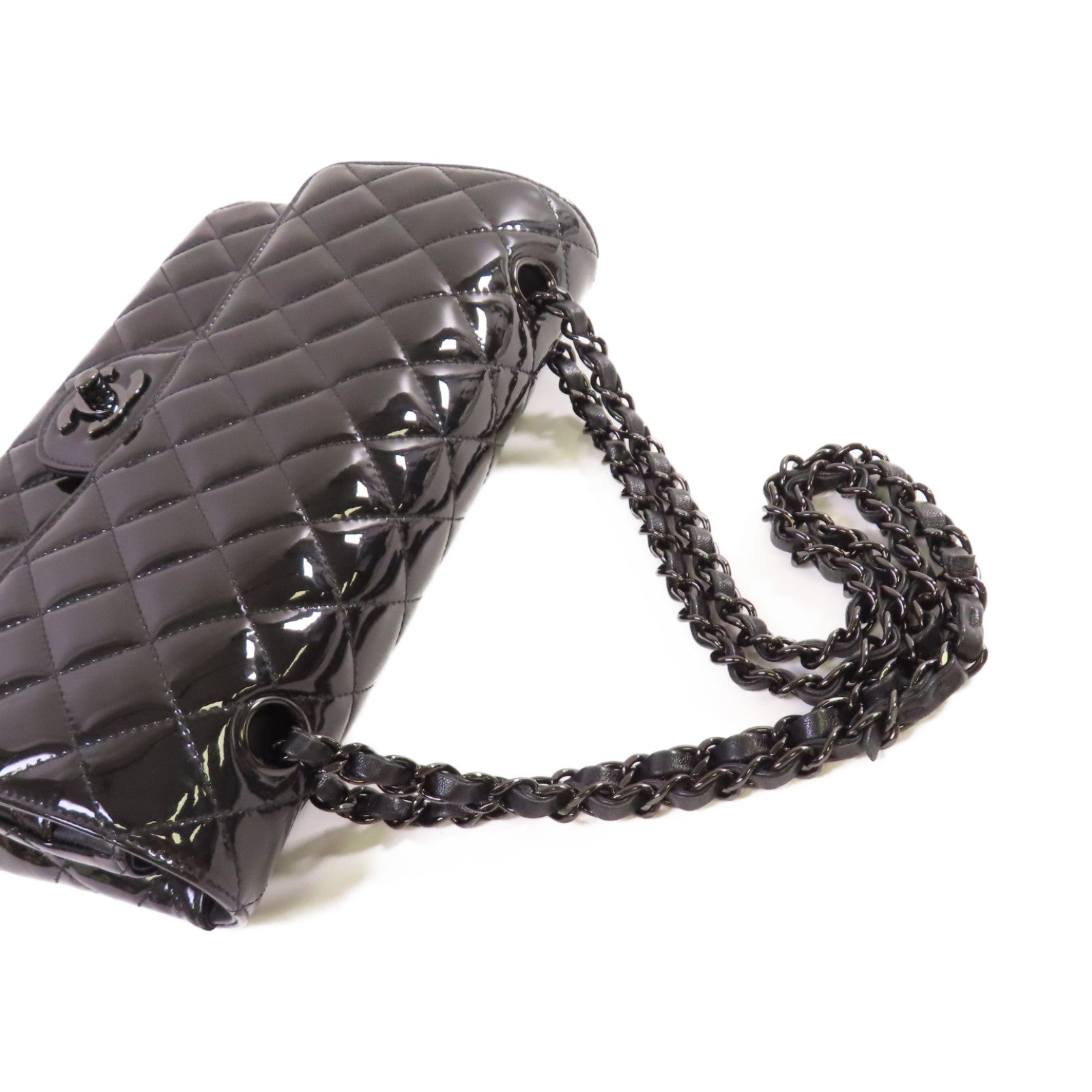 CHANEL 漆皮皮革Classic So Black Chain Shoulder Bag黑扣鏈帶肩背袋黑色