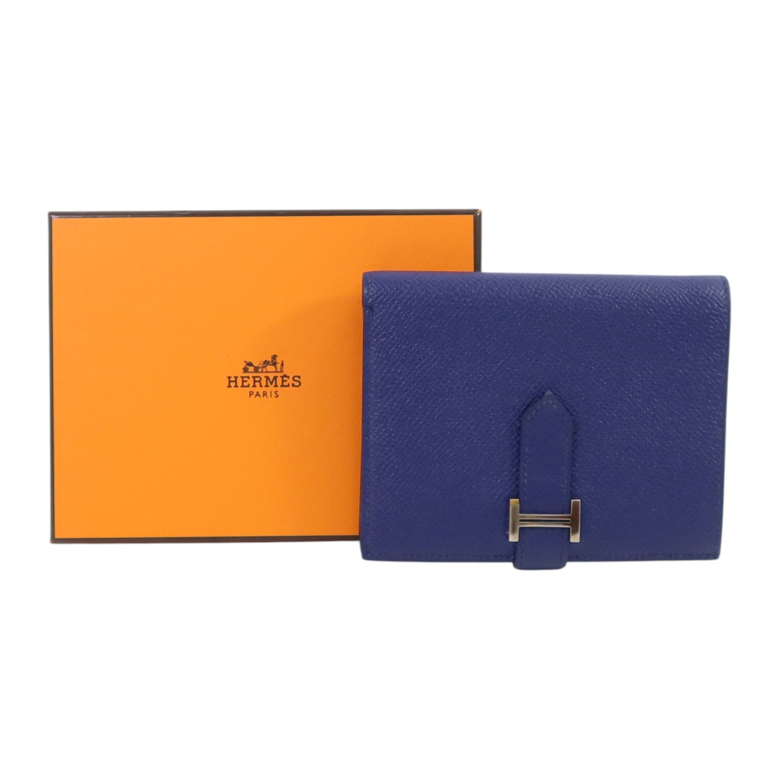 HERMES Epsom皮革Bearn Compact Wallet銀扣錢包Blue Encre