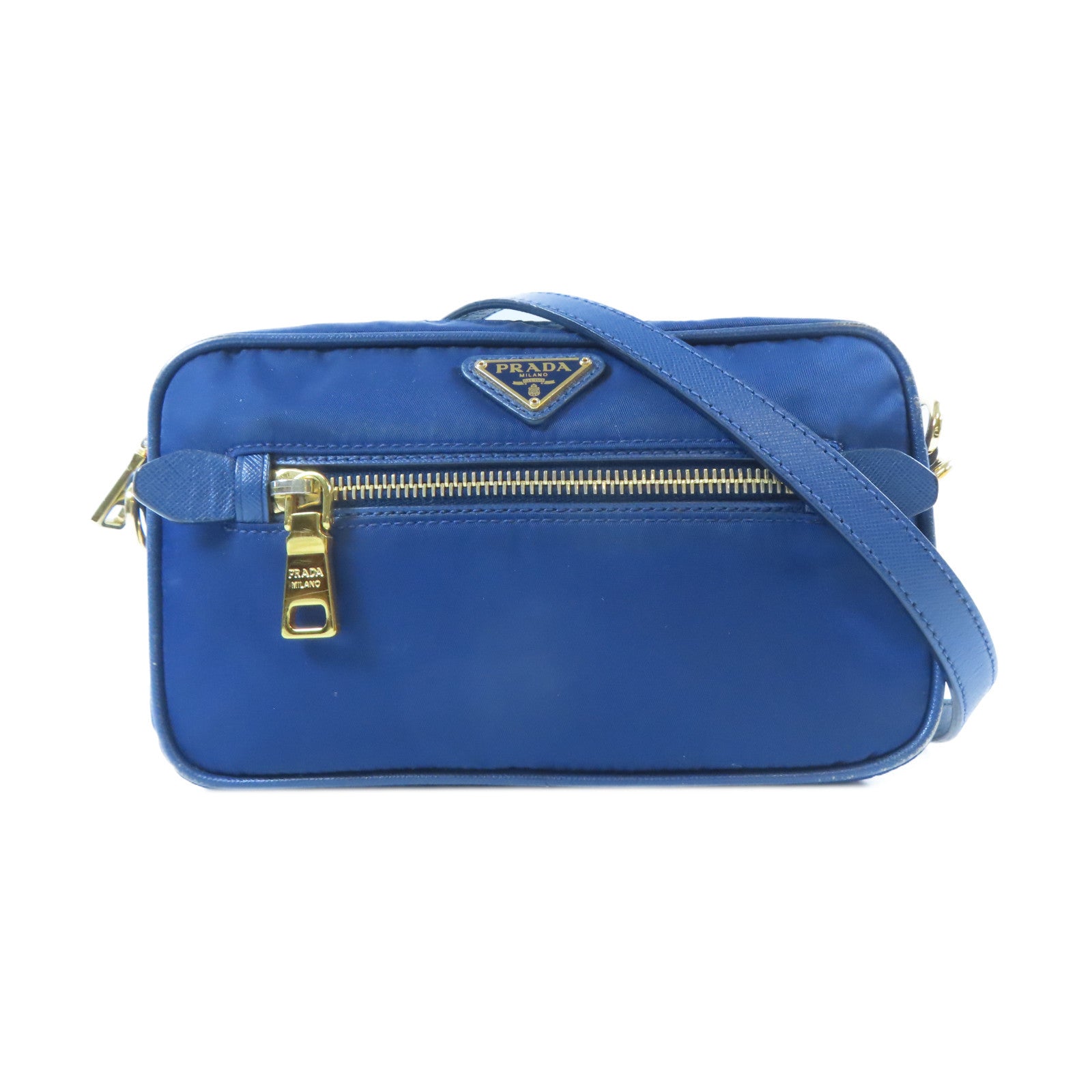 PRADA 【激減優惠】尼龍/皮革Tessuto Saffian Crossbody Pouch金扣肩背袋藍色