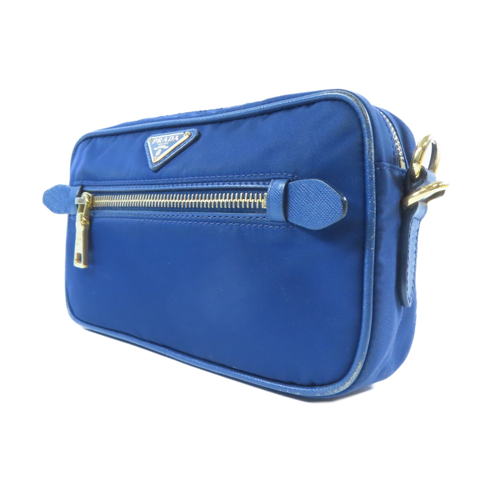 PRADA 【激減優惠】尼龍/皮革Tessuto Saffian Crossbody Pouch金扣肩背袋藍色