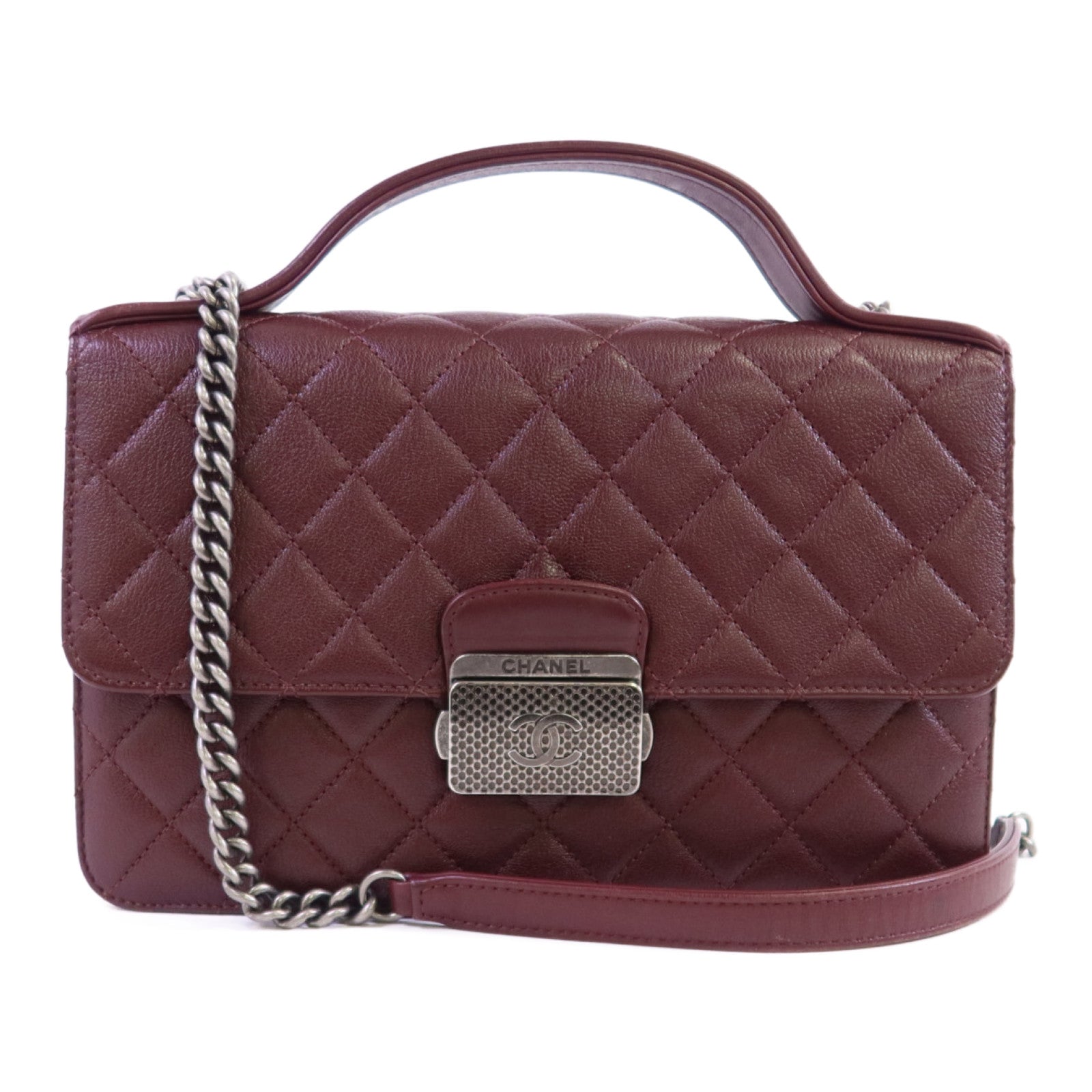 CHANEL 牛皮皮革CC University Flap Bag銀扣鏈帶手挽肩背兩用袋