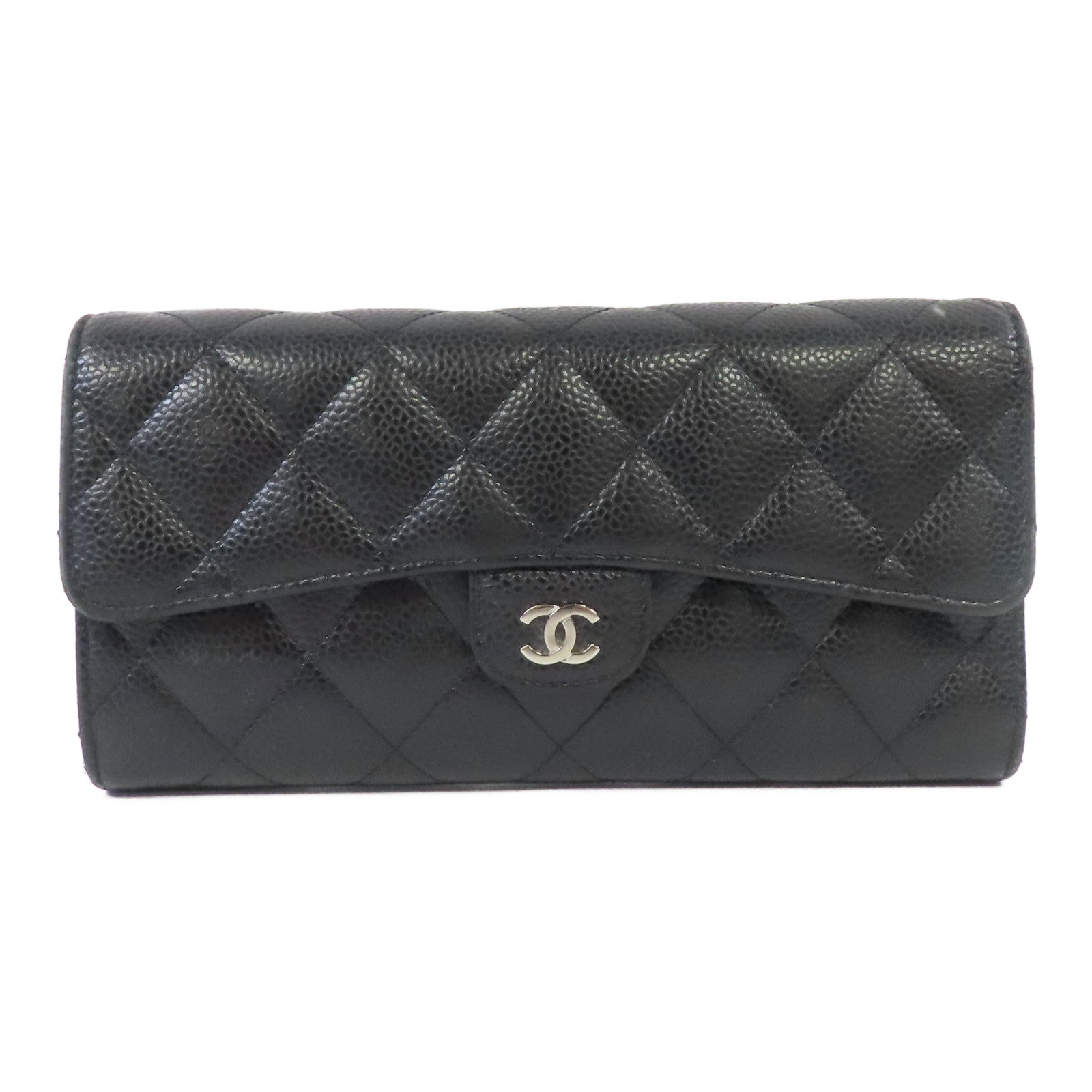 CHANEL 菱格Caviar皮革Long Wallet銀扣長錢包黑色