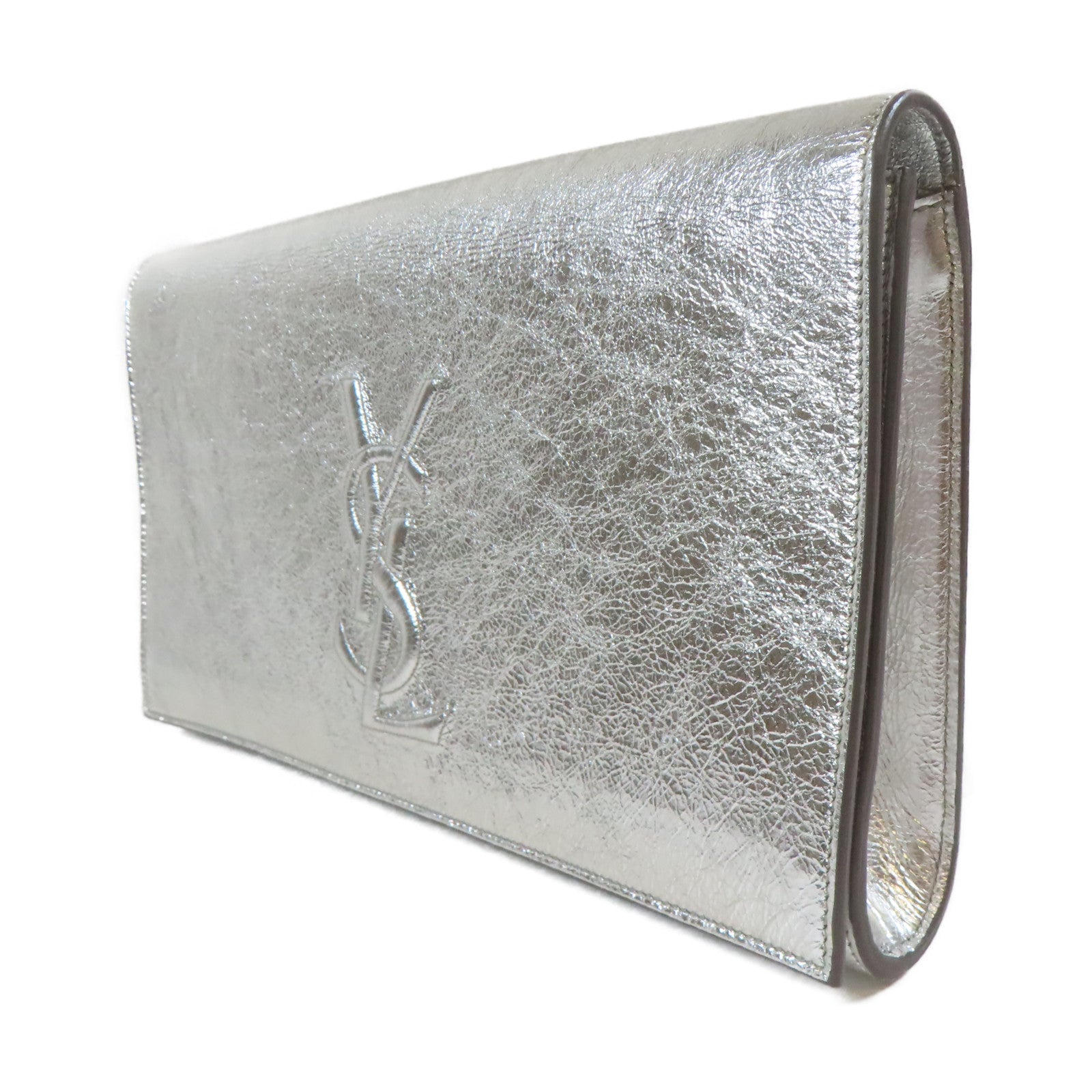 YVES SAINT LAURENT 牛皮皮革Clutch Bag銀扣手拿包銀色