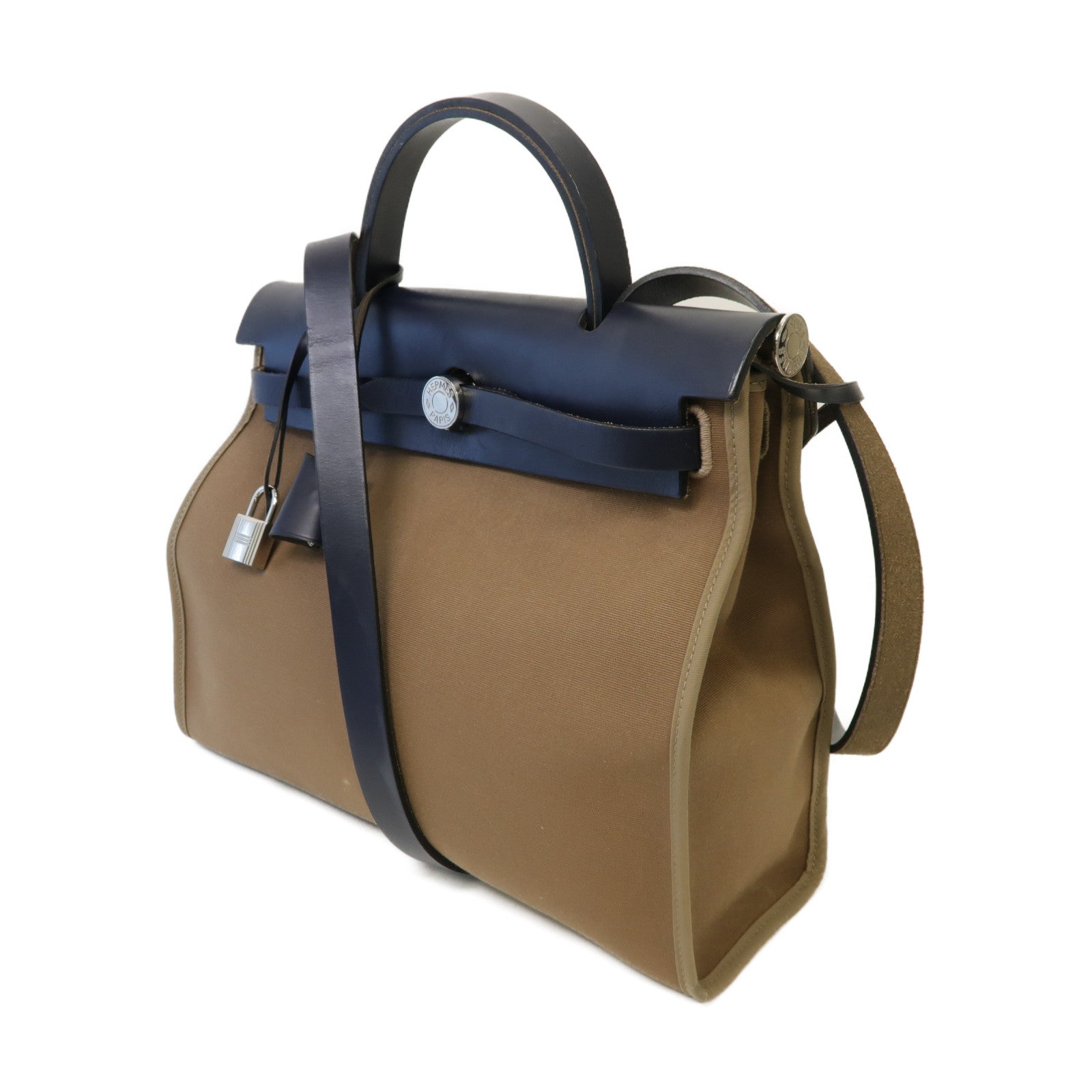 HERMES 【激減優惠】帆布/皮革Herbag PM銀扣手挽肩背兩用袋啡色/深藍色